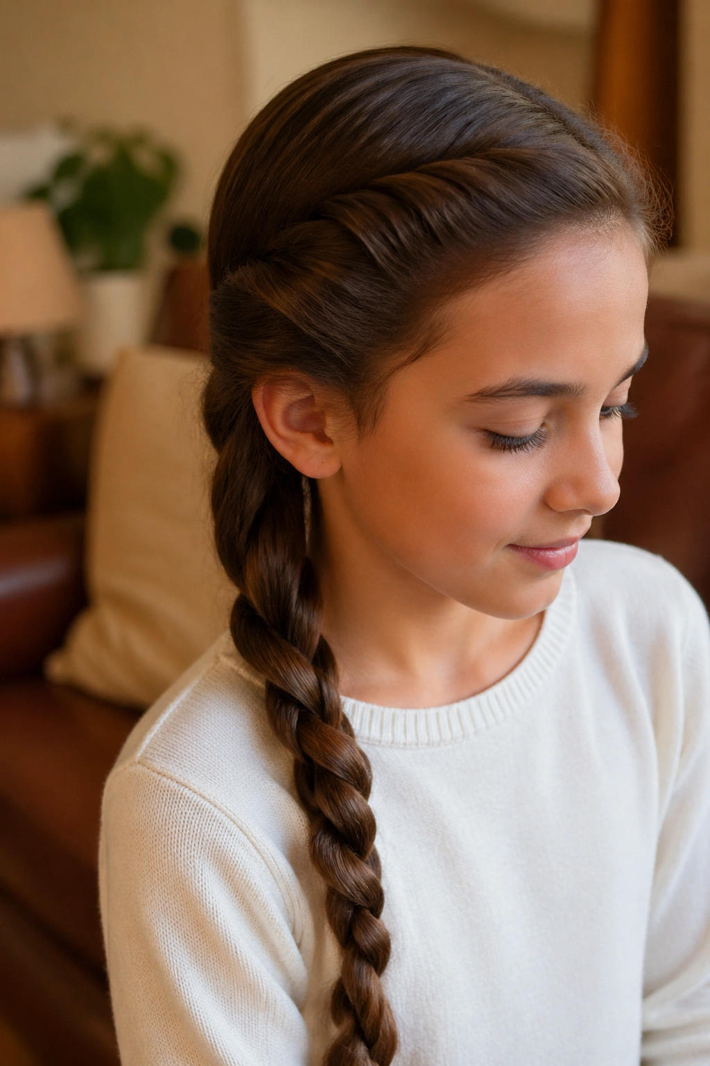Close-up portrait of a girl with a rope twist braid