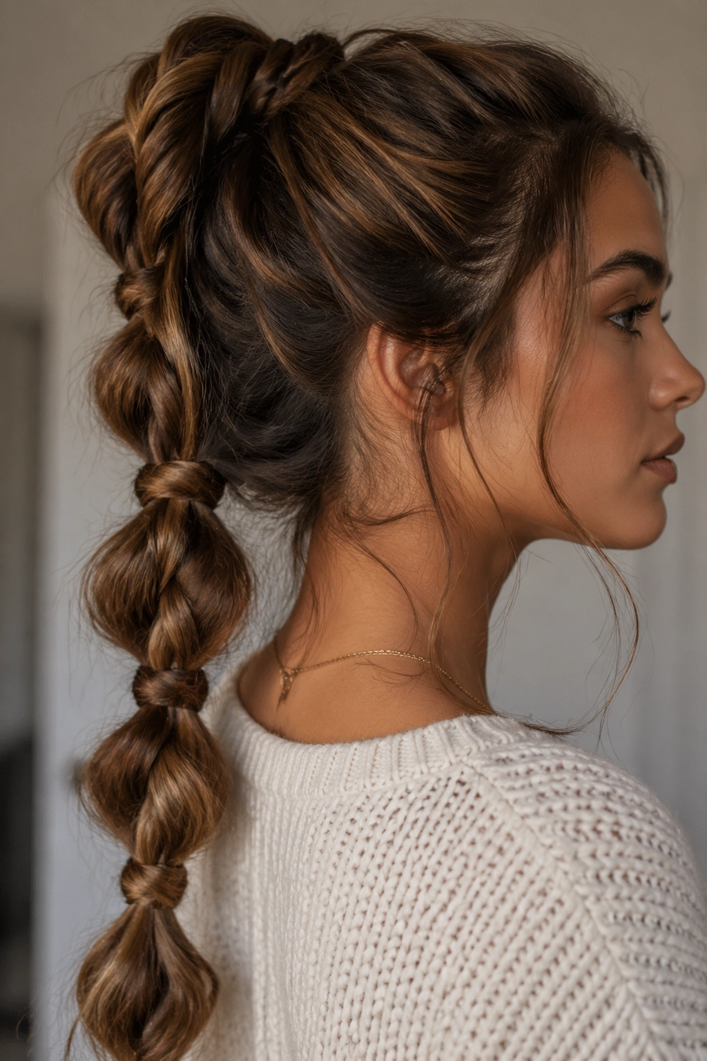 Real person with rope-twist bubble braid hybrid, close-up portrait