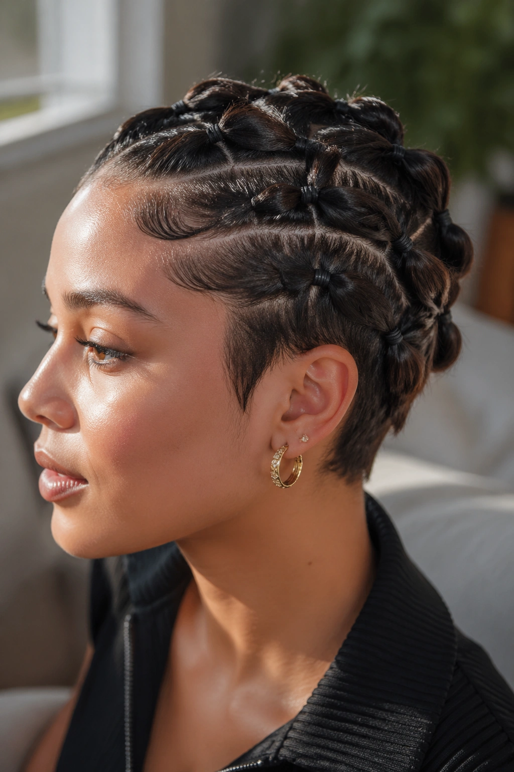 Close-up of a real person with rope-twist bubble braids on short hair