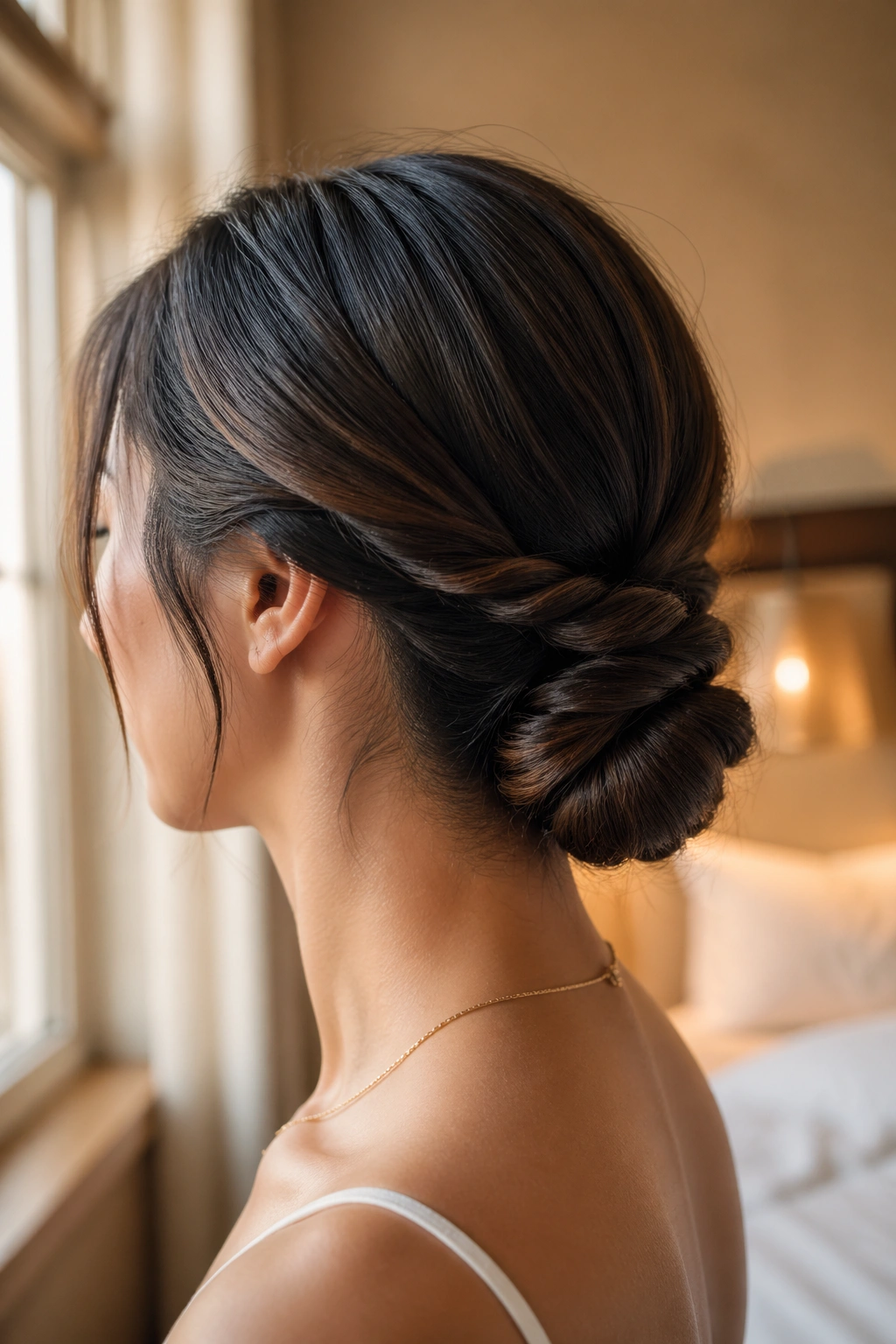 Close-up portrait of a real person with a rope-twist low bun at the nape