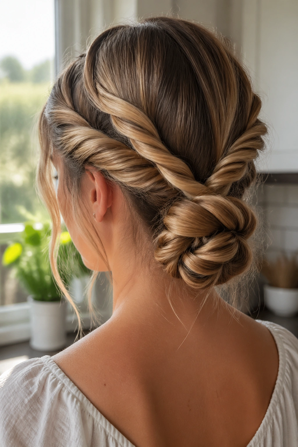 Close-up of a woman with a rope-twist bun