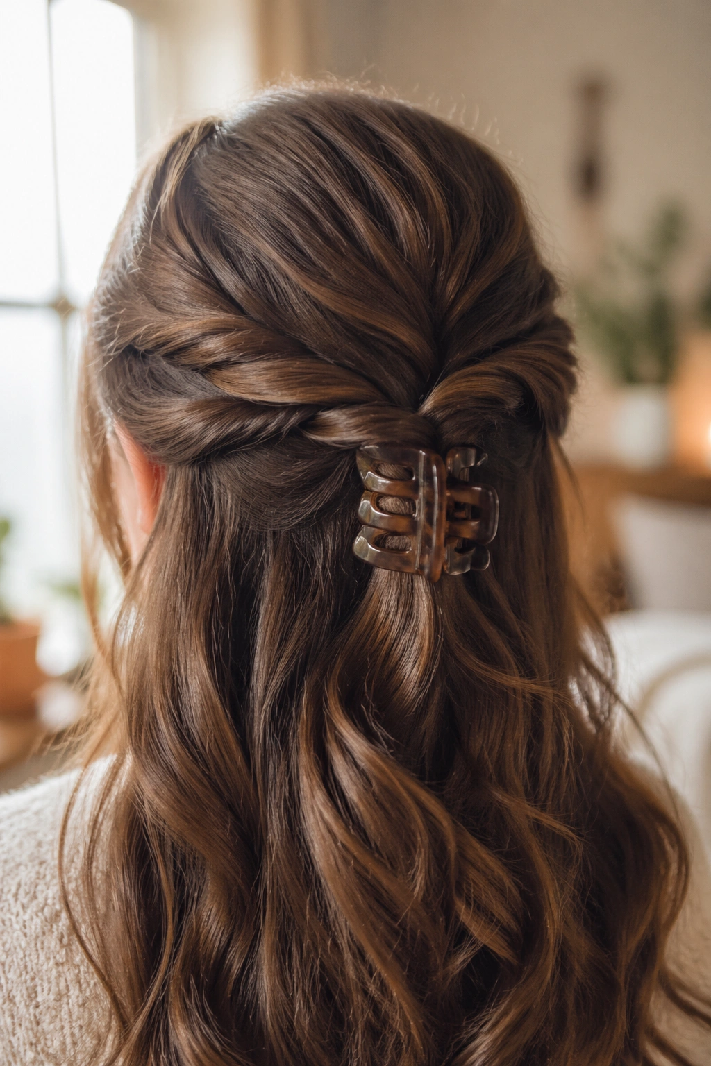 Back view close-up of a real woman's rope twist secured with a claw clip above the occipital bone.