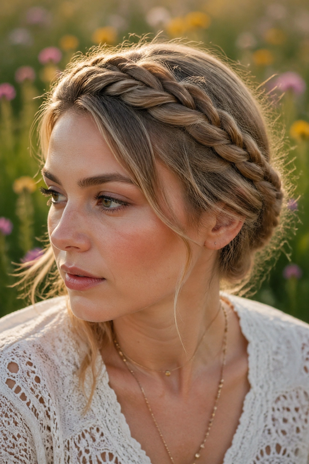 Close-up of rope twist crown hairstyle on a real person outdoors