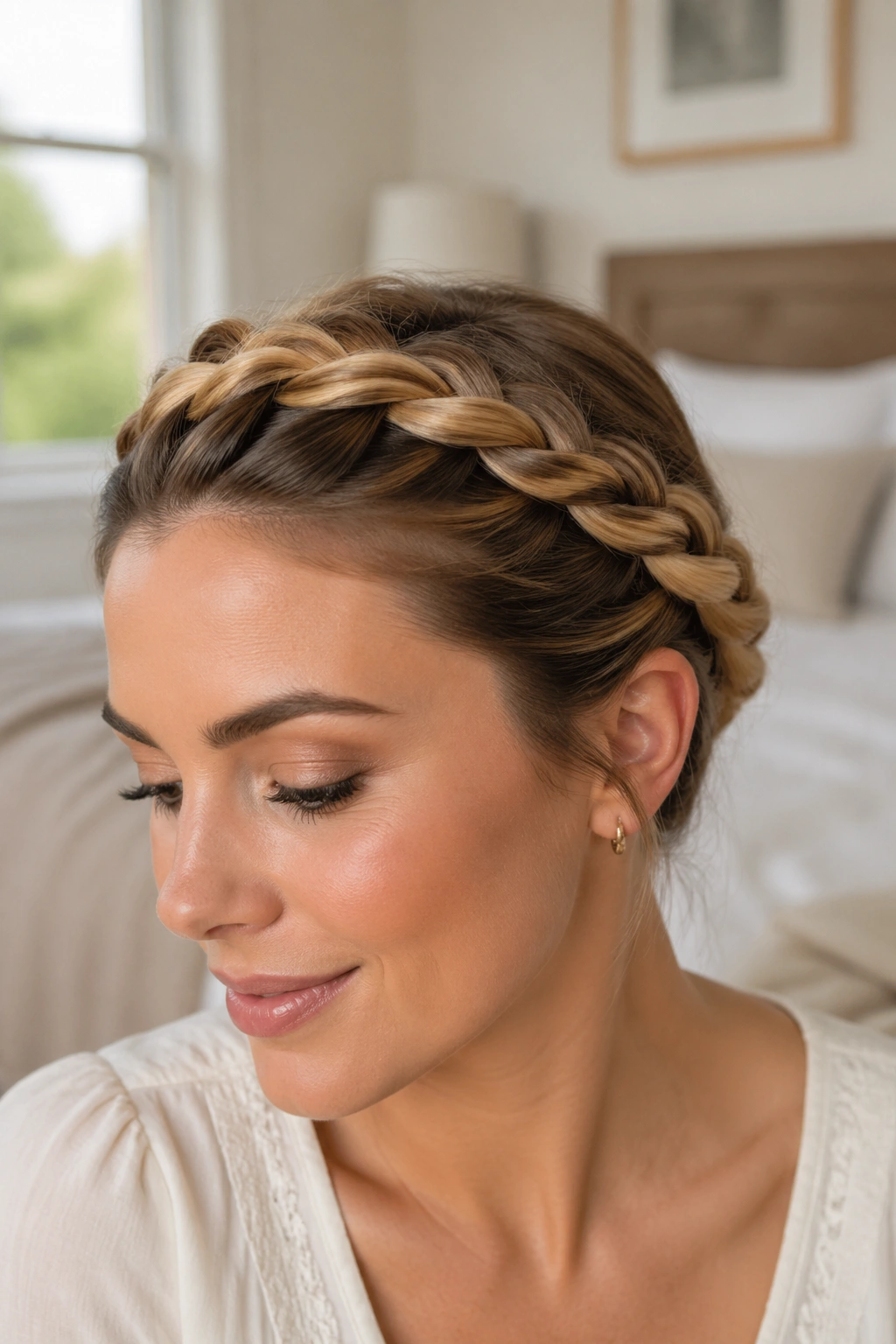 Close-up portrait of a real woman wearing a rope twist crown hairstyle with two twisted sections around the head