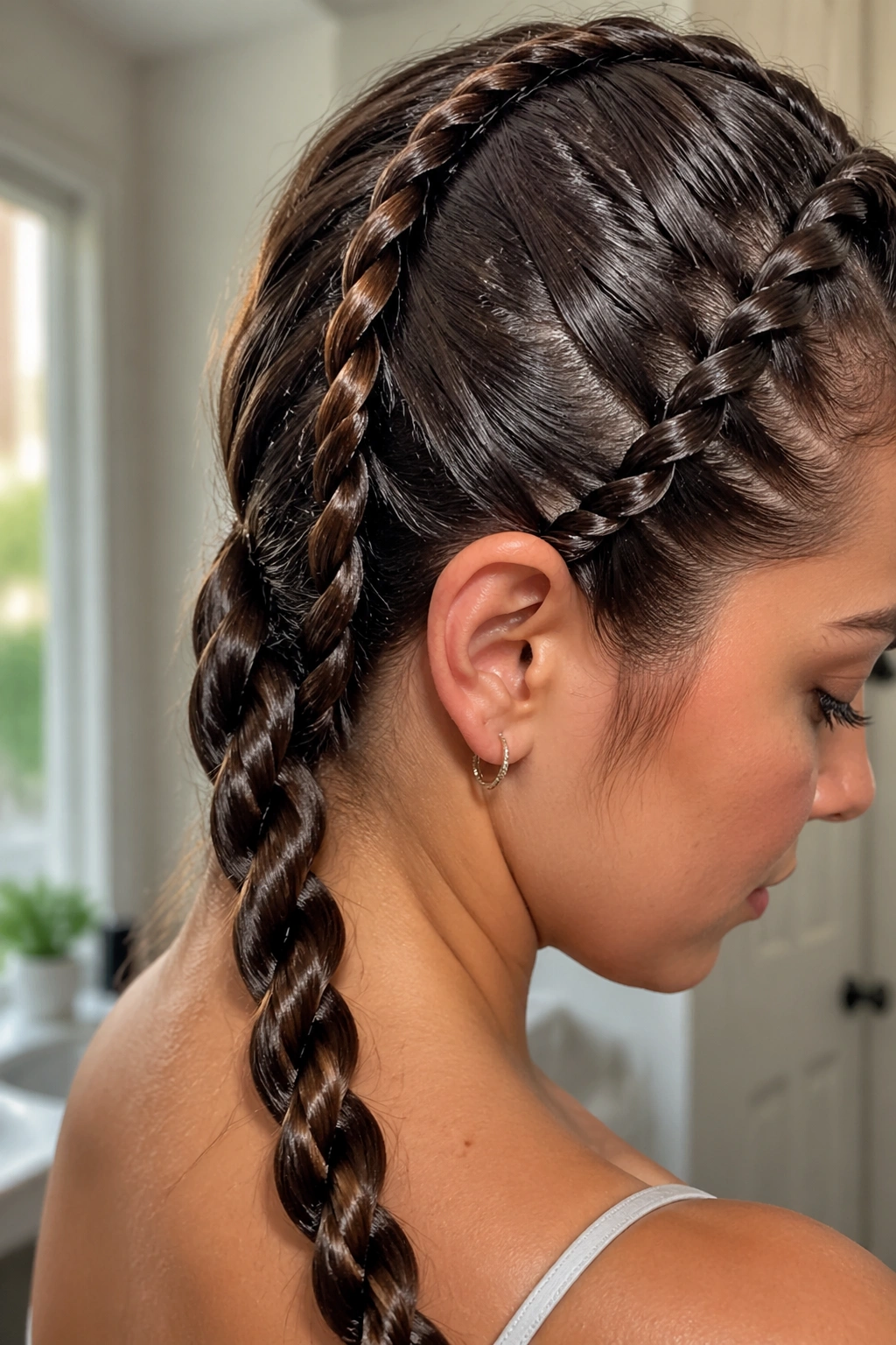 Close-up of a real woman with a rope-twist dragon braid
