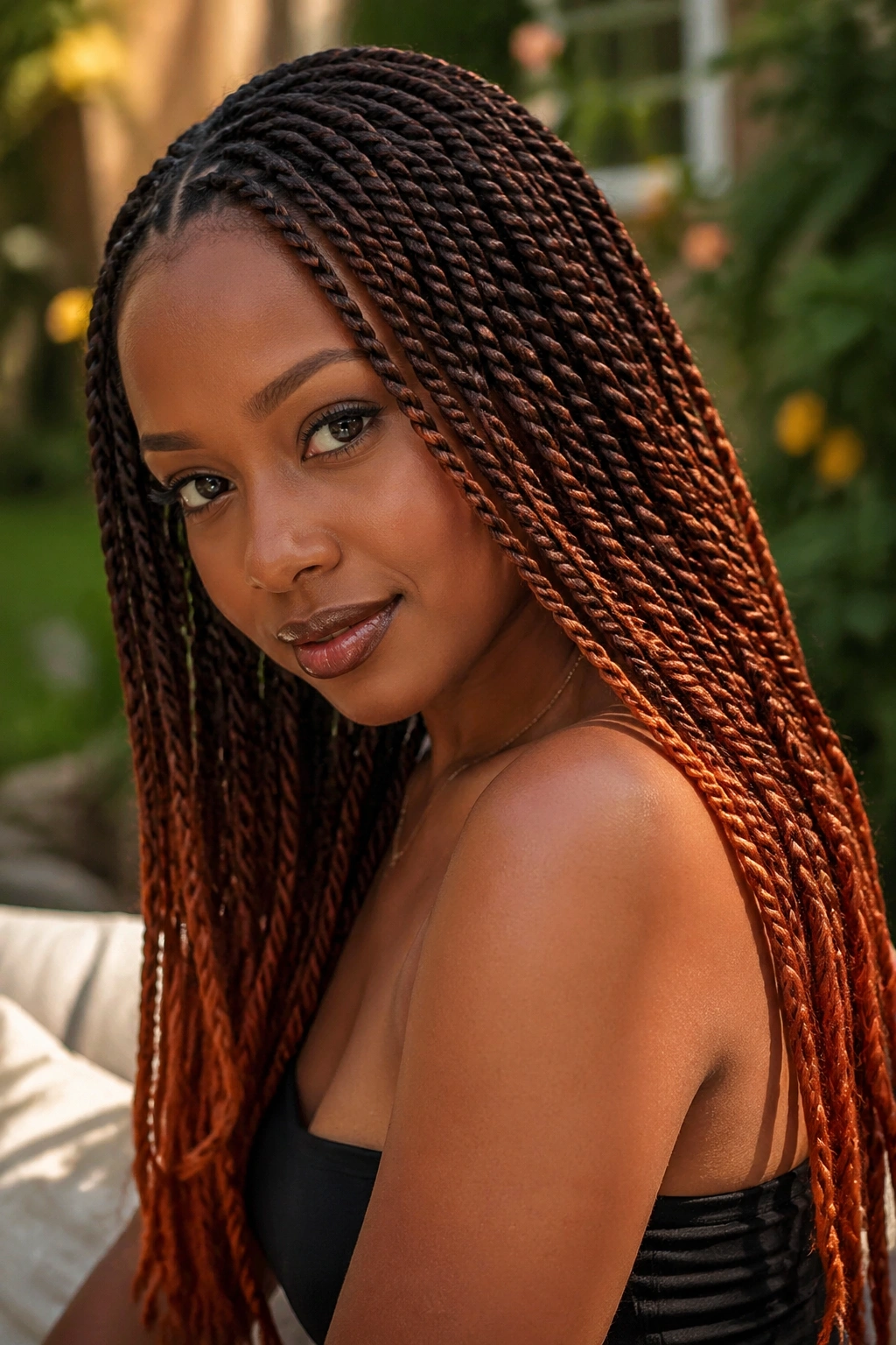 Close-up of rope-twist ginger braids with copper ends on a real woman