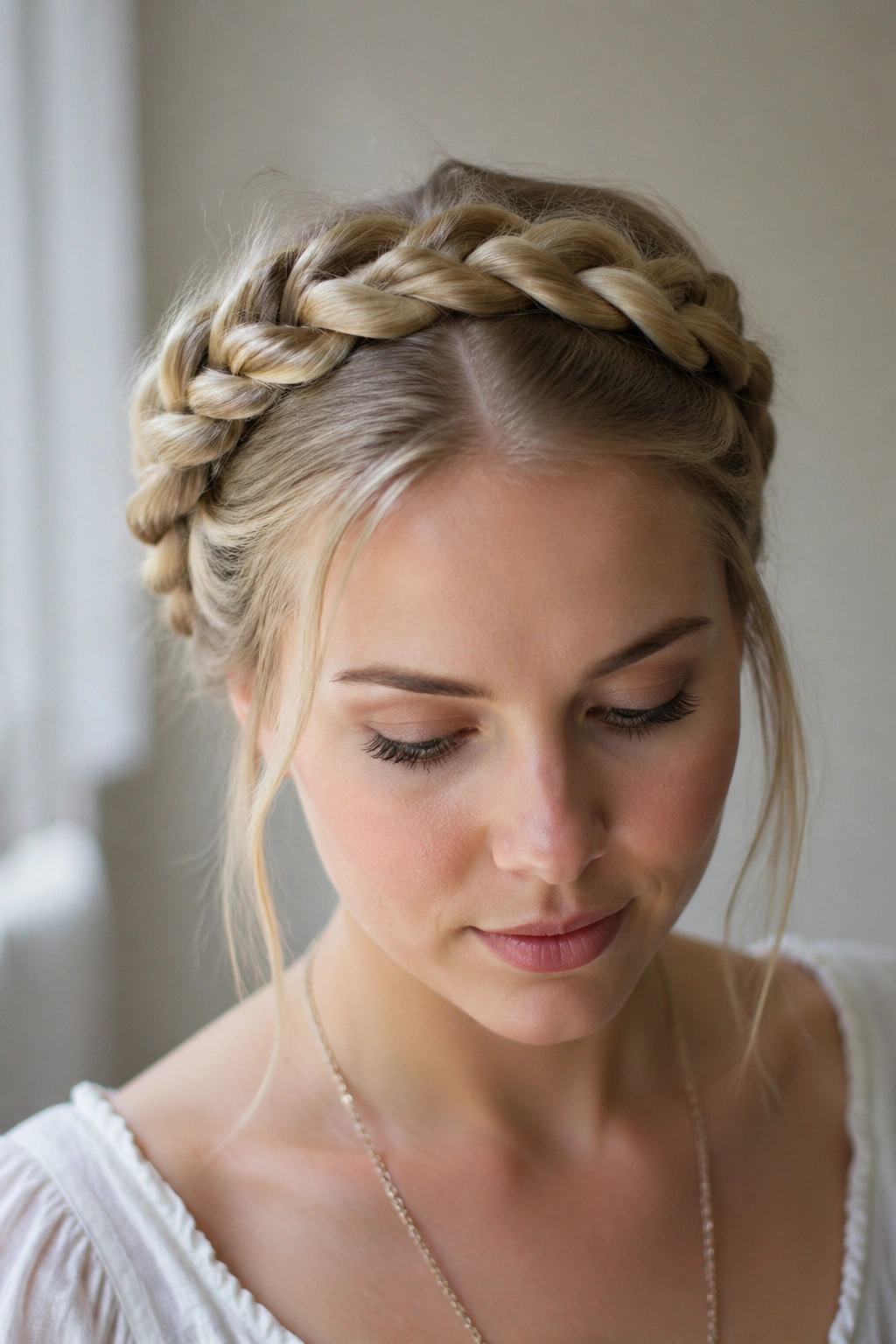 Close-up of a real woman with a rope-twist halo braid
