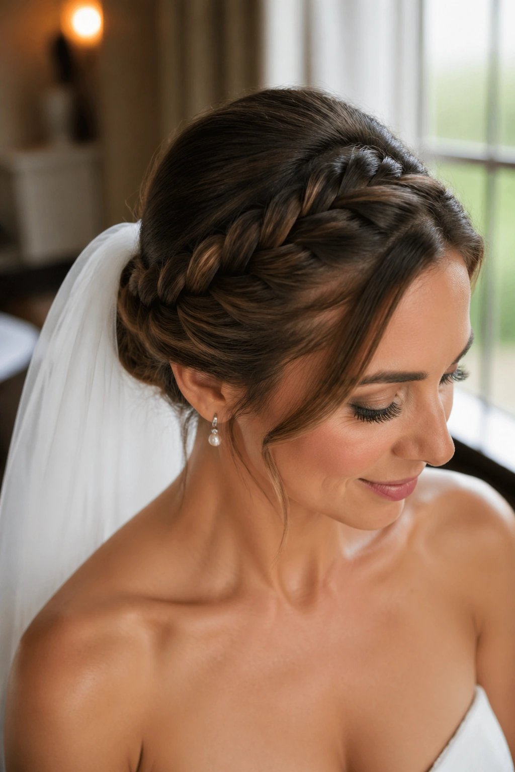 Close-up bride head with rope-twist halo braid and veil