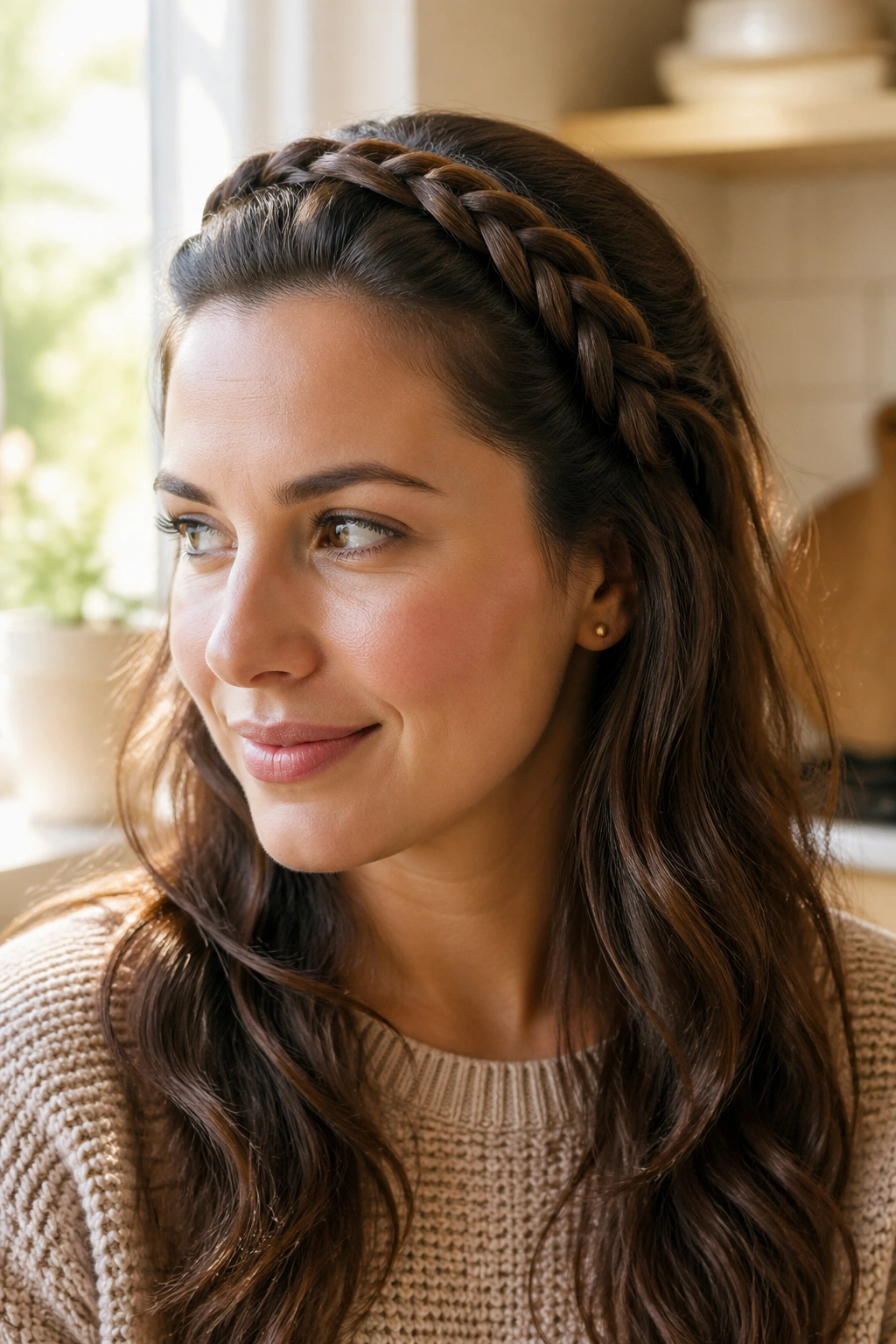 Close-up of a real woman wearing a rope twist headband