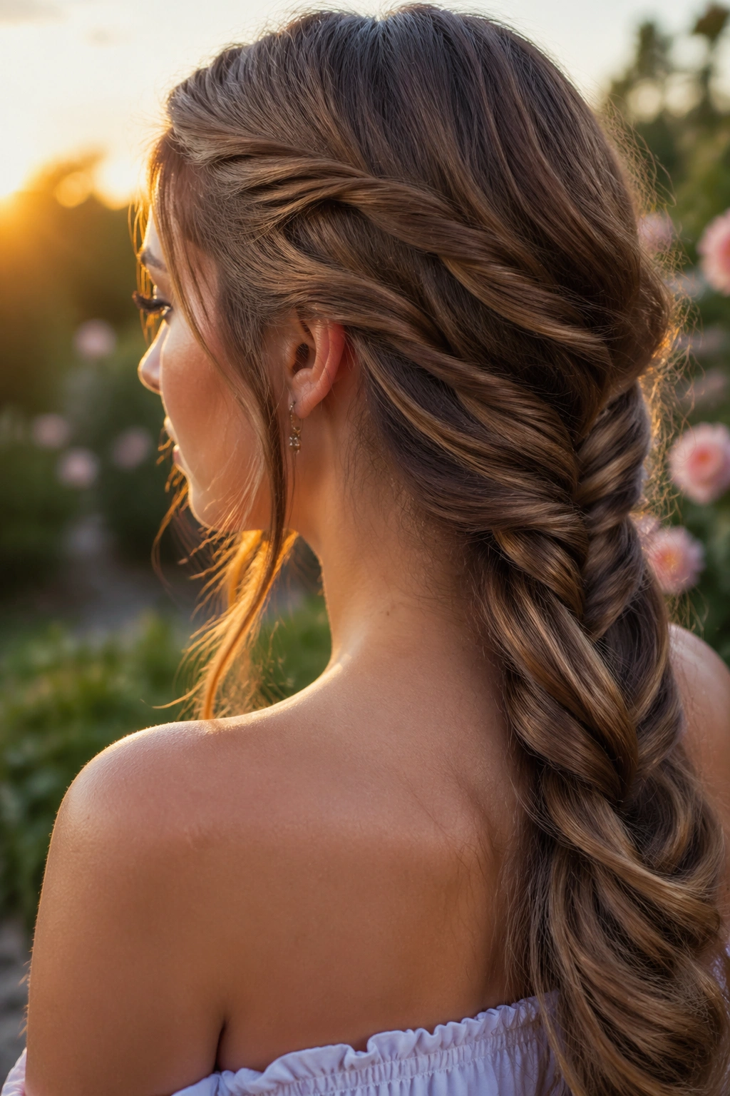 Close-up of a real woman's rope-twist mermaid braid running down the back.