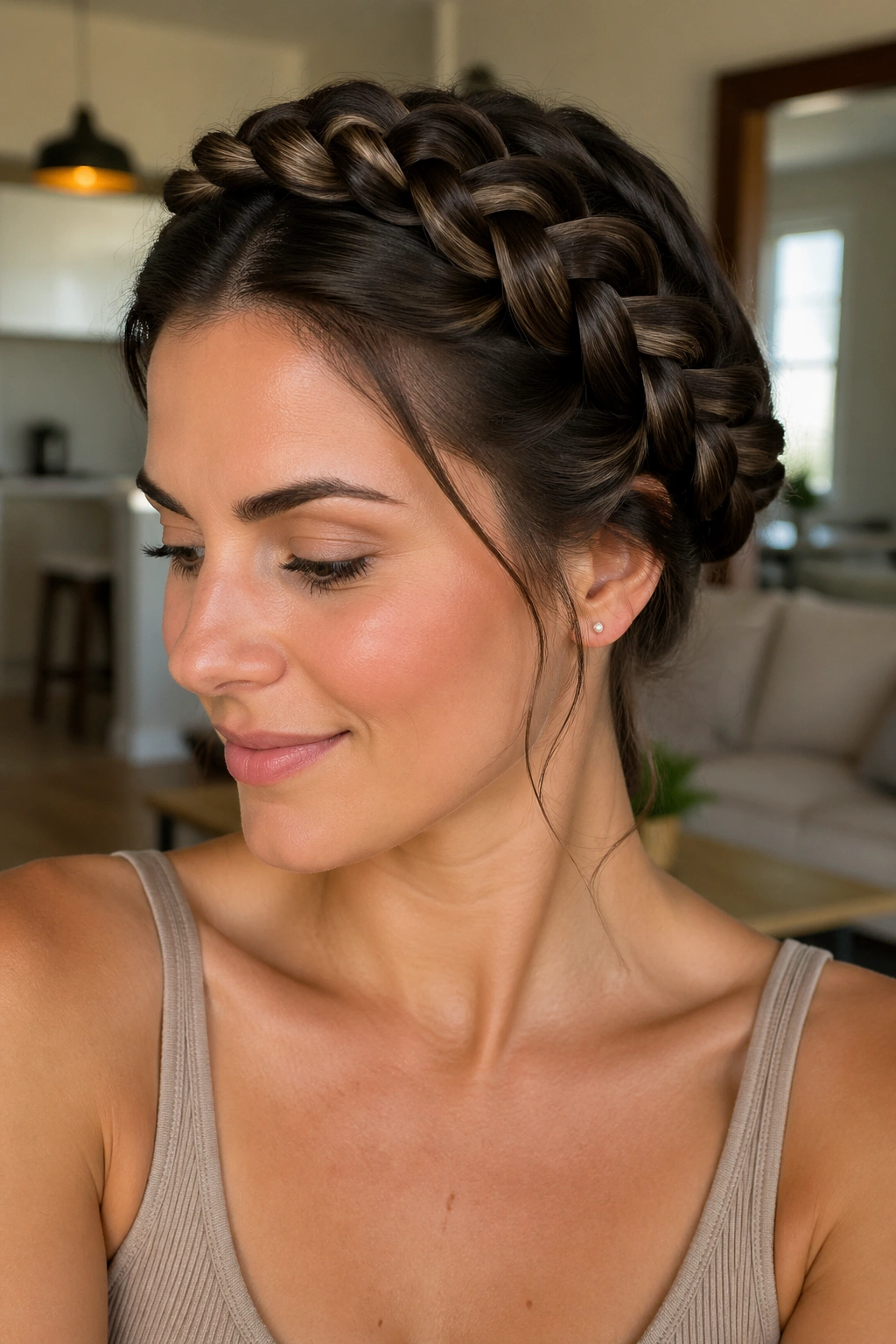 Close-up of a real woman wearing a rope-twist milkmaid braid