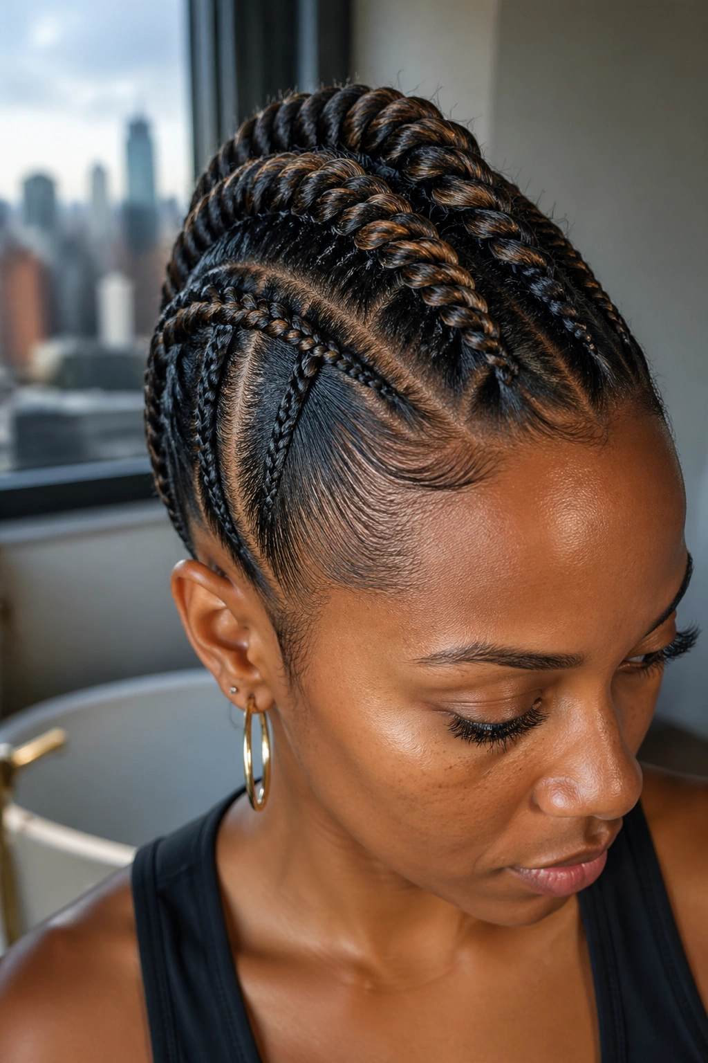 Close-up portrait of a real person with a rope-twist mohawk along the crown, showing center ridge and highlighted twists.