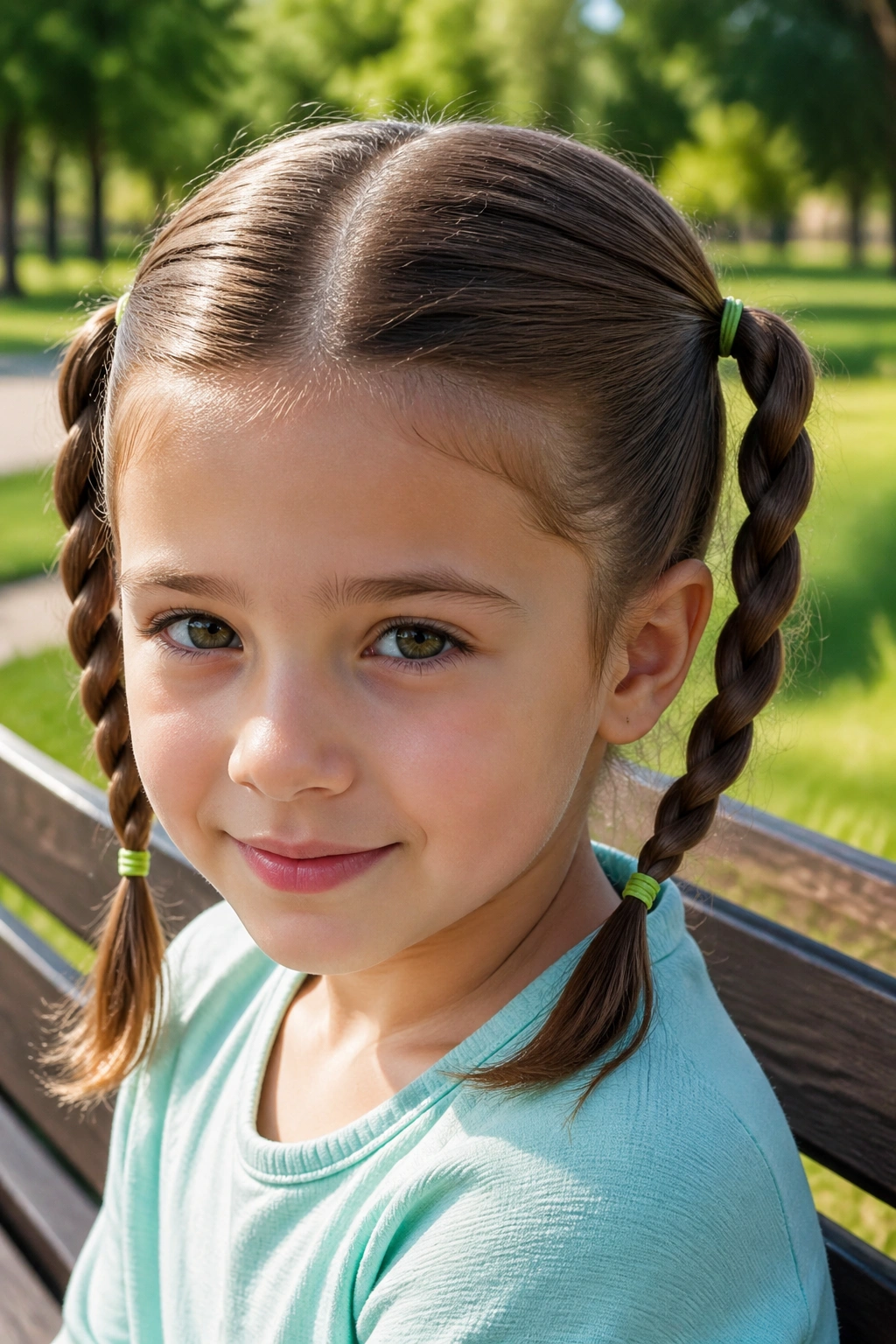 Close-up of child with rope twist pigtails outdoors
