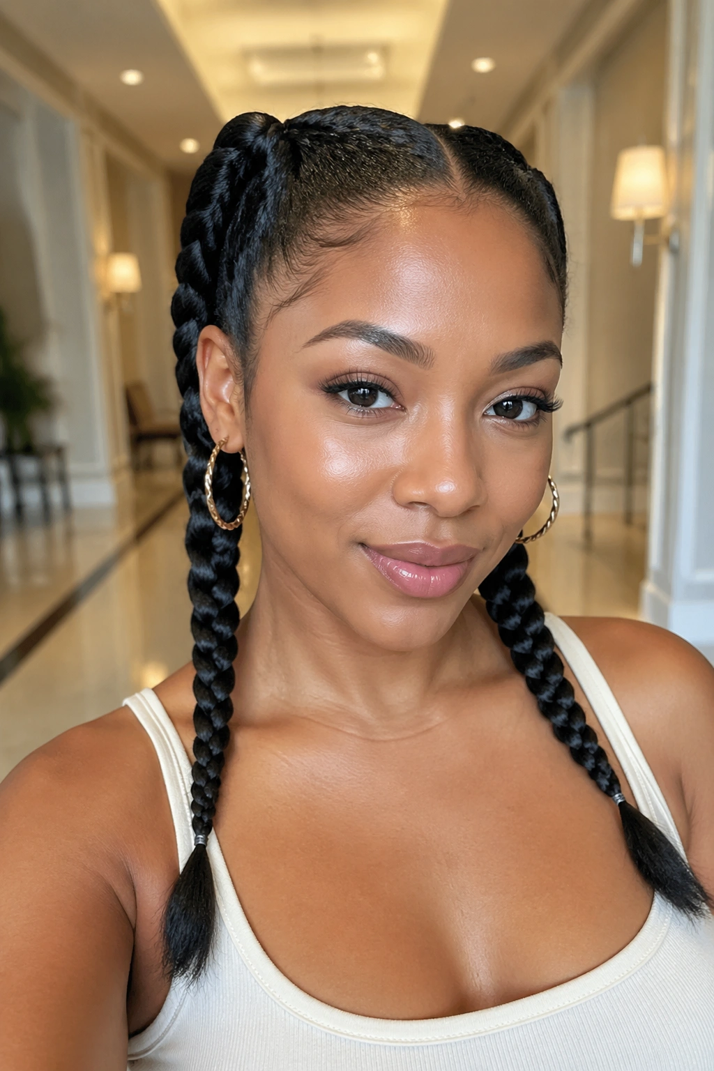 Close-up of a real woman with rope-twist pigtails in a bright hallway setting.