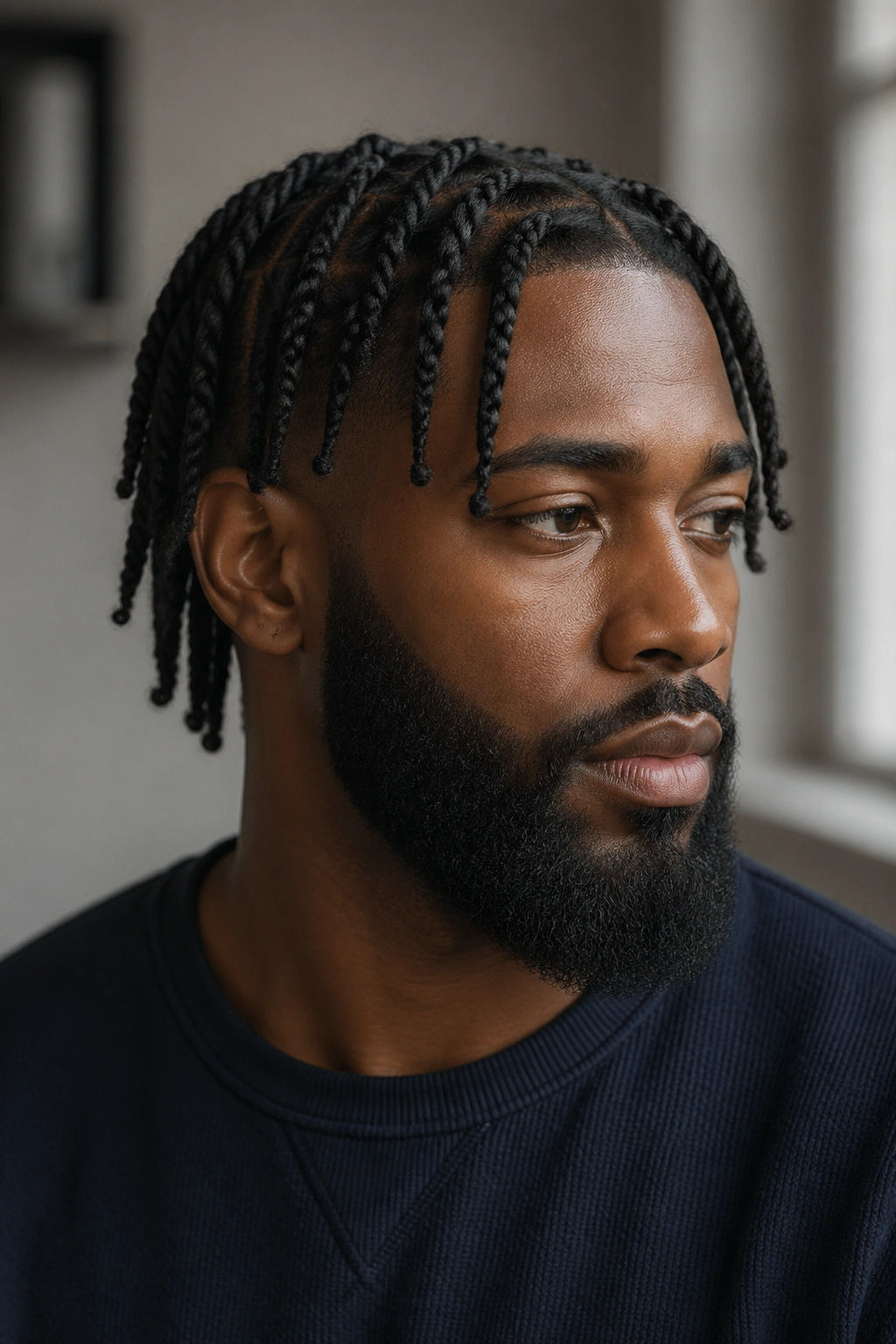 Real man with mid-length rope twists and a tapered beard in natural window light