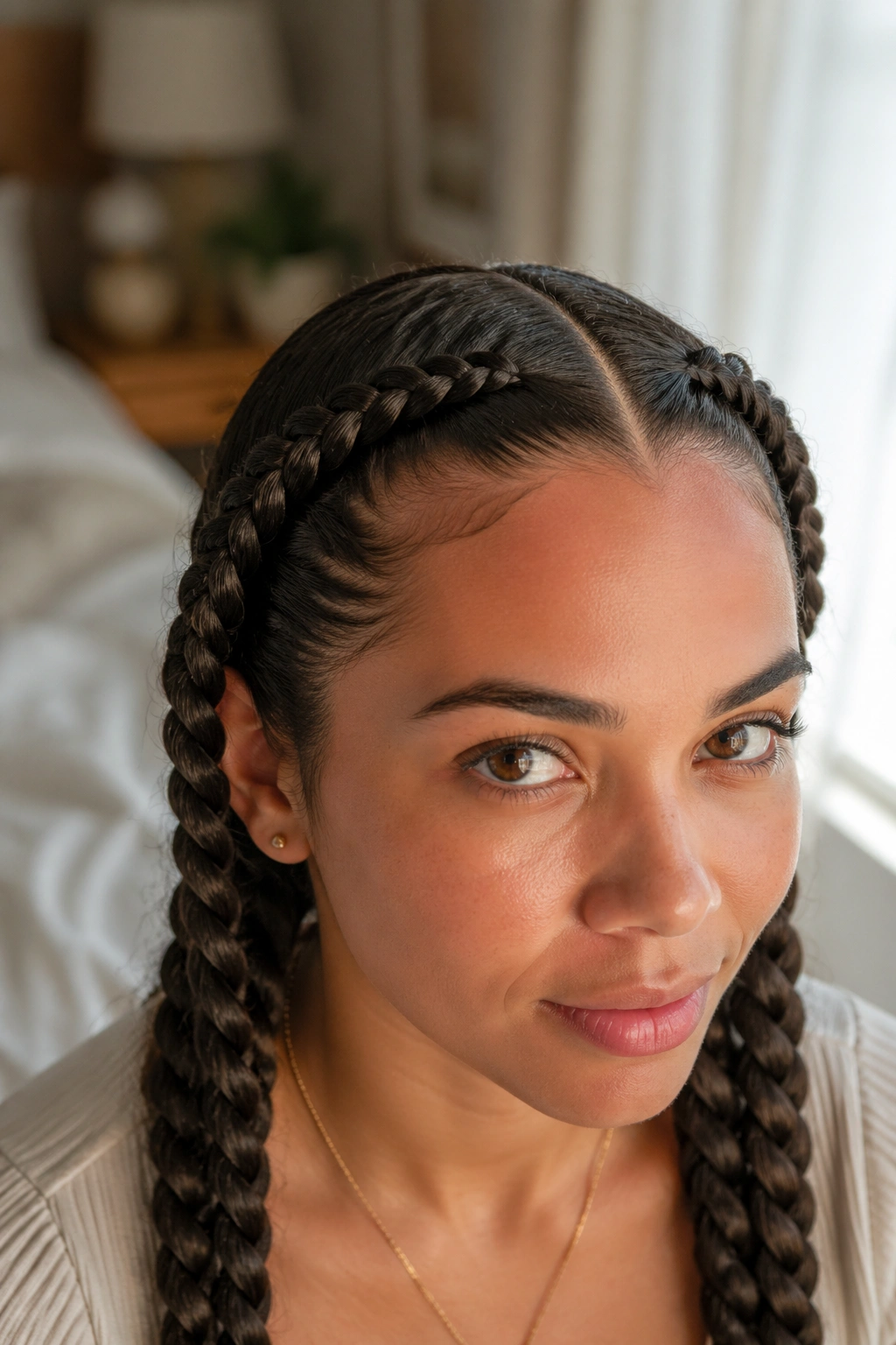 Close-up of a real woman's head showing rope-twist braids hugging the scalp in a softly lit bedroom