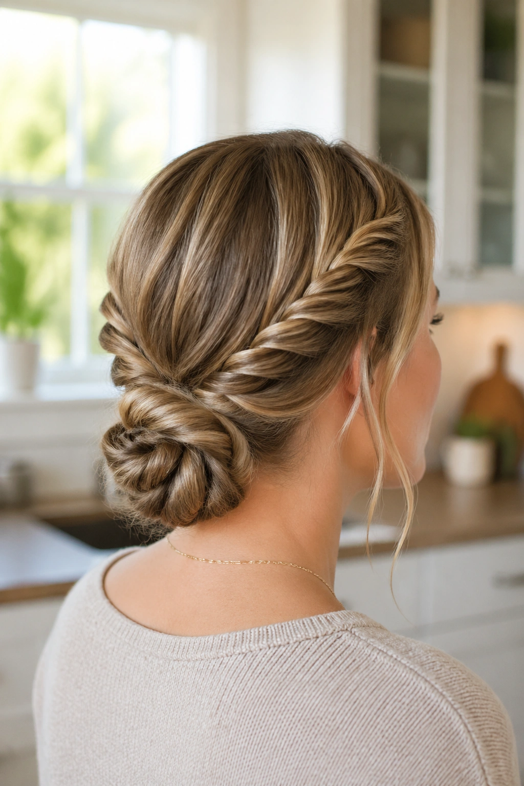 Head-and-shoulders portrait showing two rope twists into a bun
