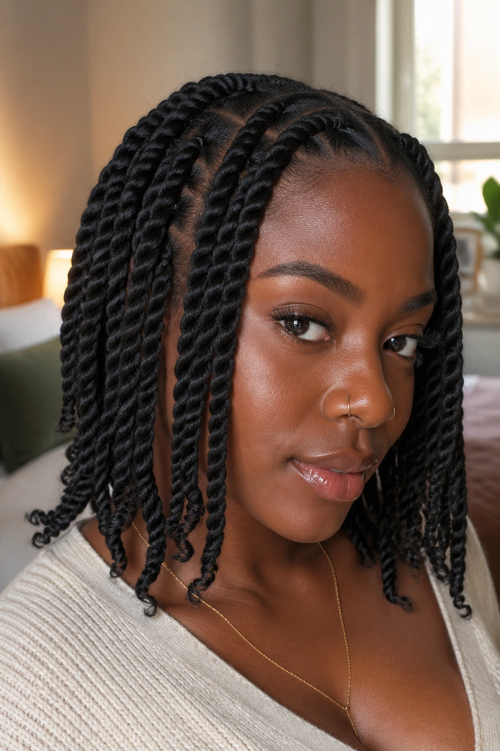 Portrait of a person with rope twists showcasing a cord-like finish in a cozy room