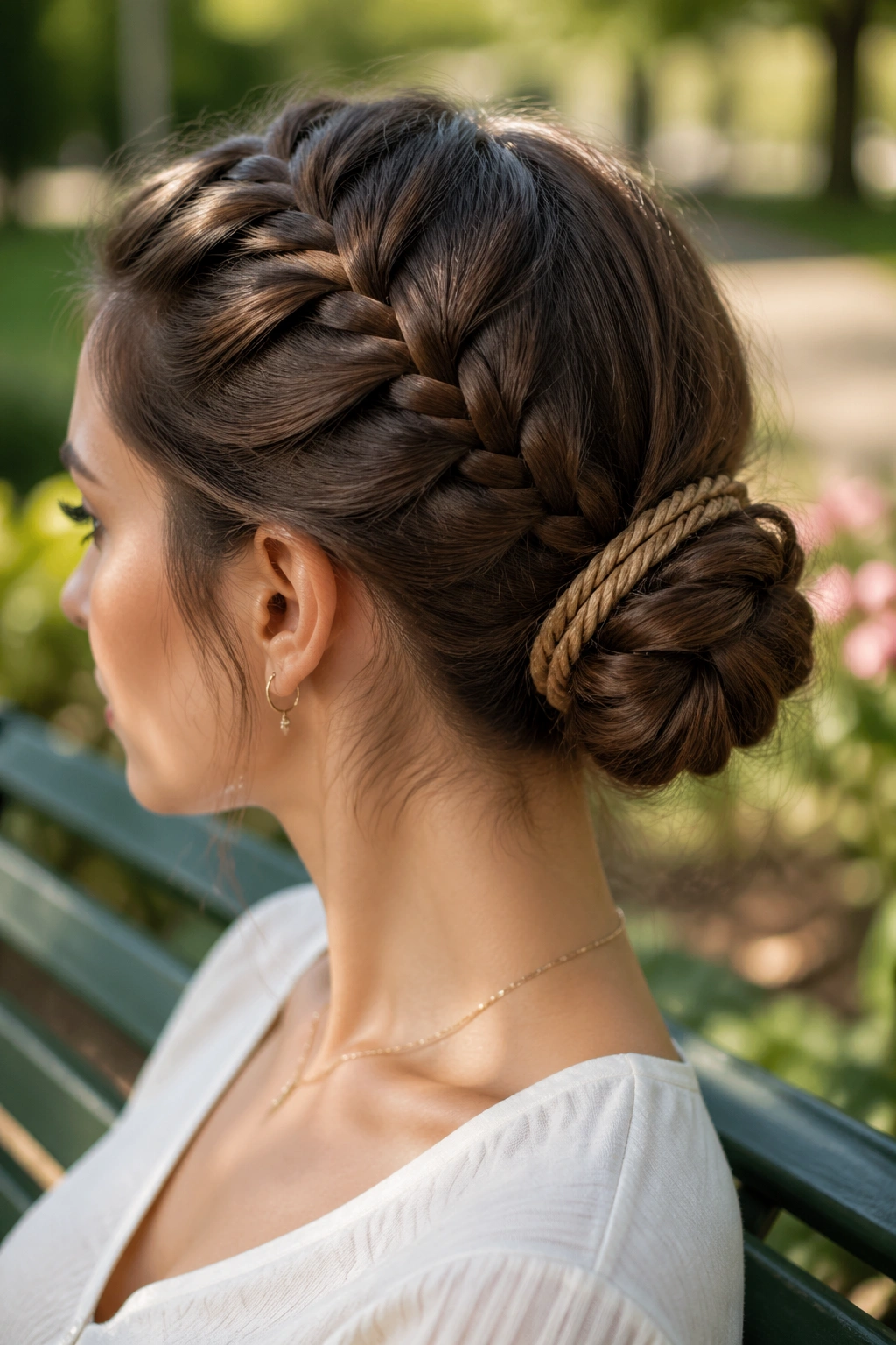 Portrait of a real woman with a rope-wrapped French braid bun in an outdoor garden