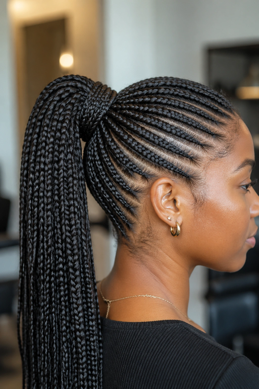 Close-up of a real woman with a rope-wrapped box braid ponytail.