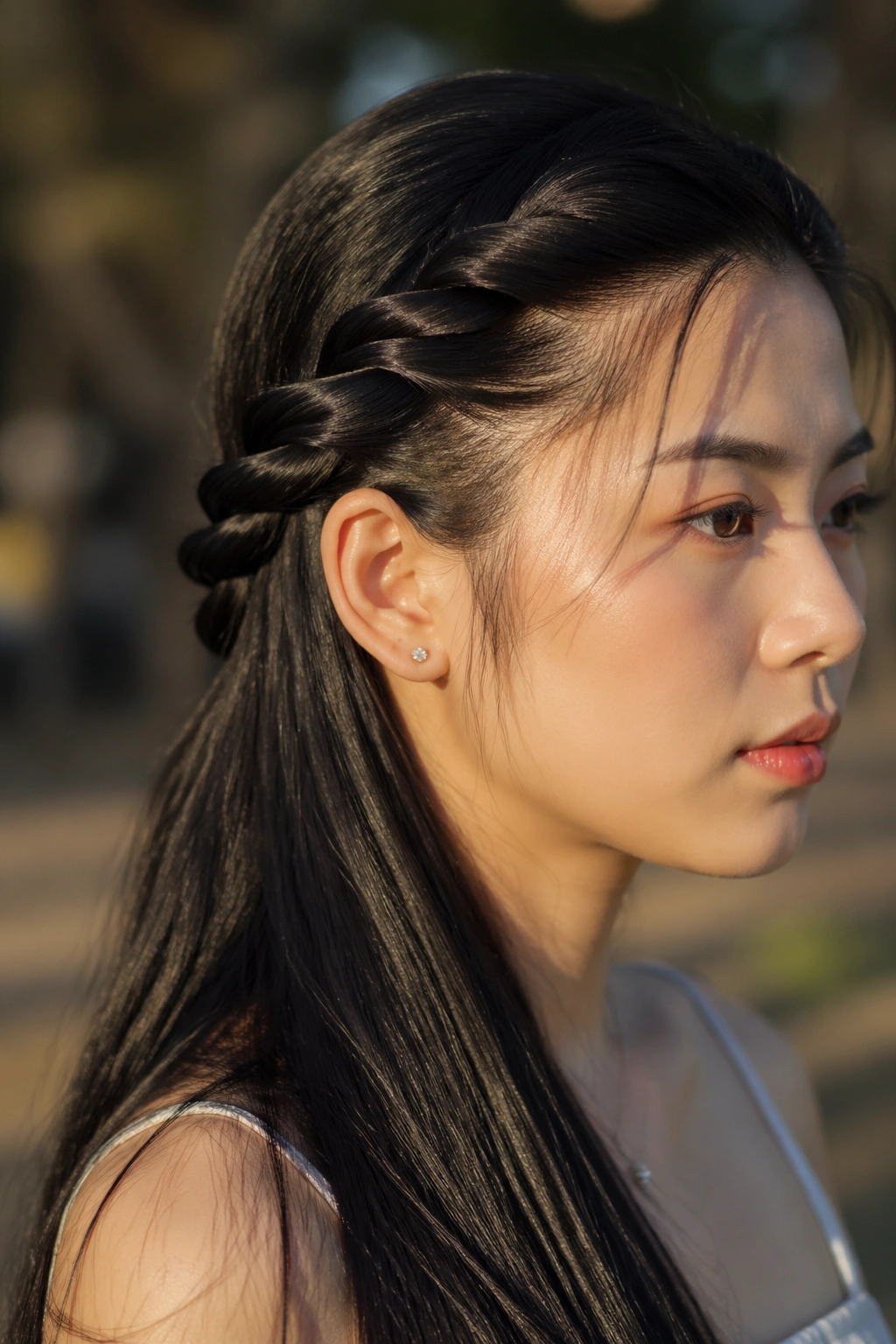 Real woman with a rope braid in late afternoon light outdoors.