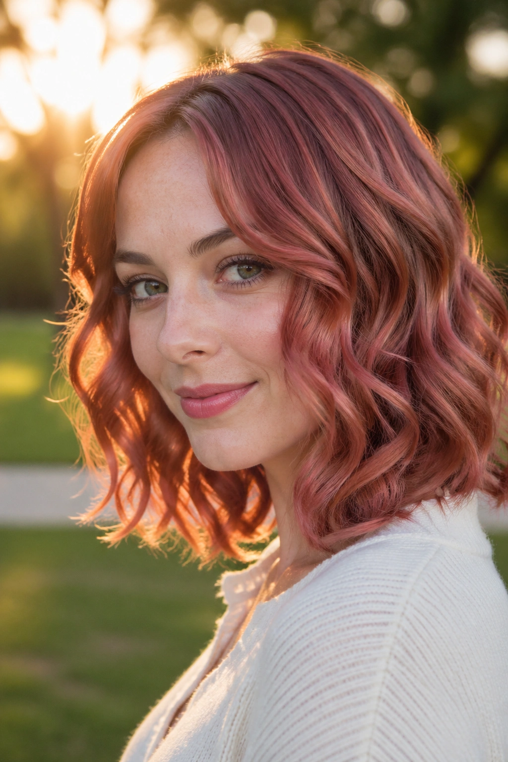 Close-up of woman with rose auburn shoulder-length curls outdoors at golden hour.