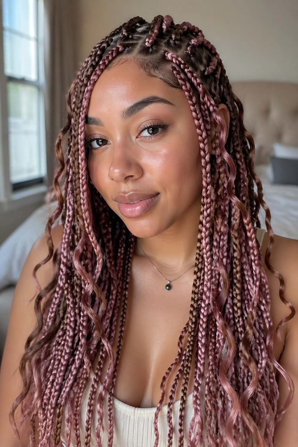 Close-up portrait of a real woman wearing rose brown and mauve braids in a soft boho style.