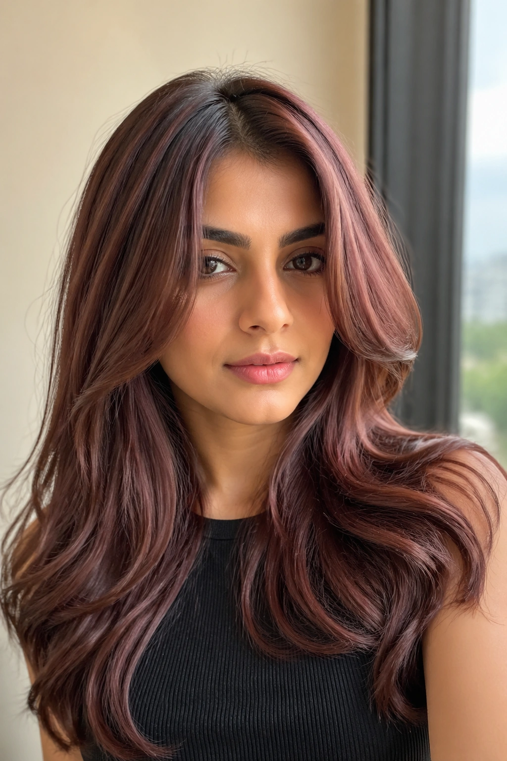 Close-up of a real woman with rose brown hair in natural daylight