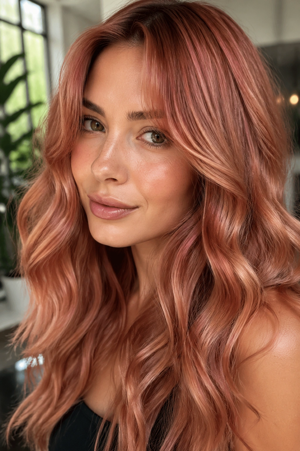 Real woman with luminous rose copper hair in close-up.