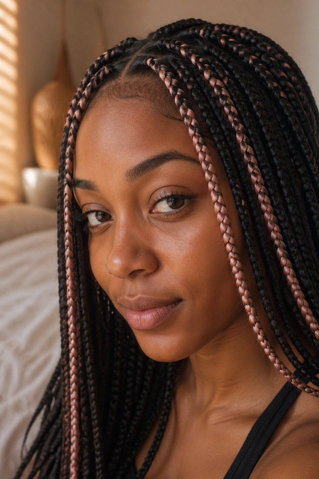 Close-up of a real woman with rose-gold accent strands in medium box braids.