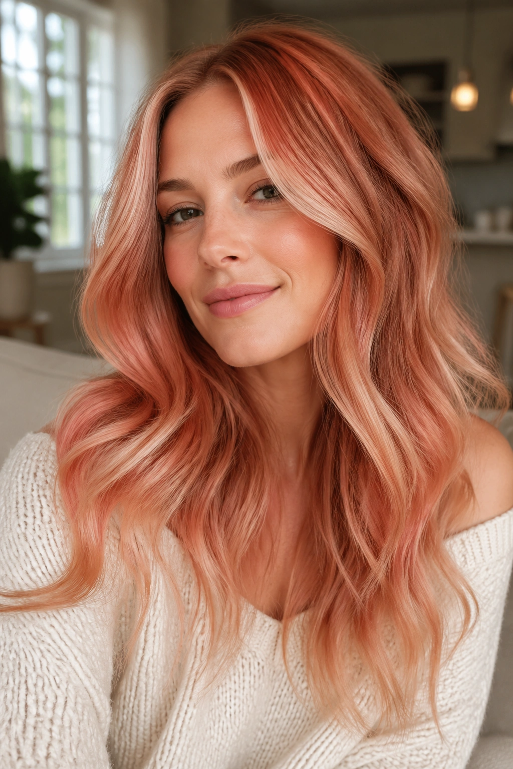 Close-up of a real person with rose-gold balayage around the face in soft window light