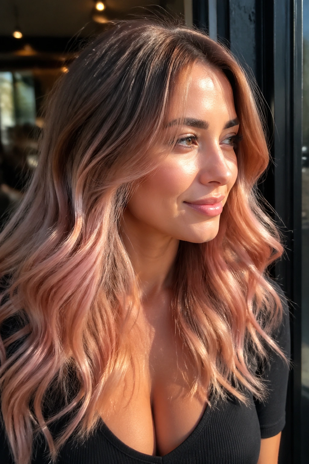 Close-up portrait of a woman with rose gold balayage in natural light