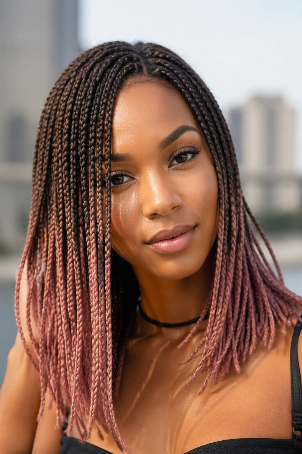 Portrait of a person with rose gold ends on box braids