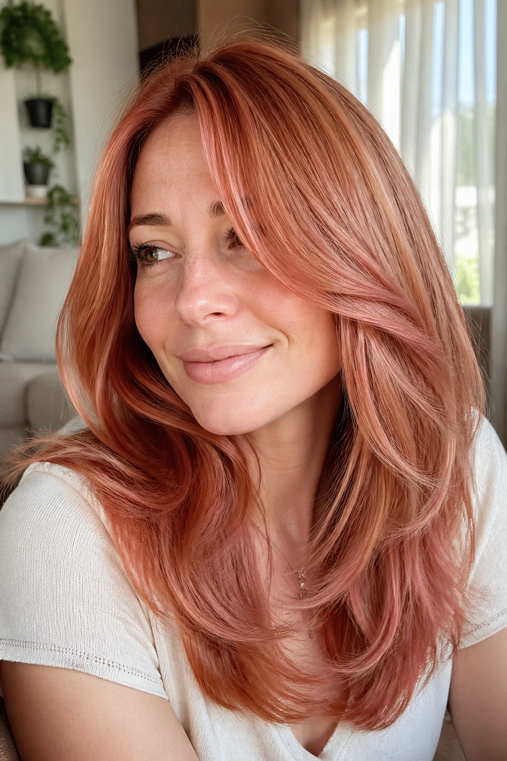 Close-up of a real person with rose-gold ginger layered hair in window light