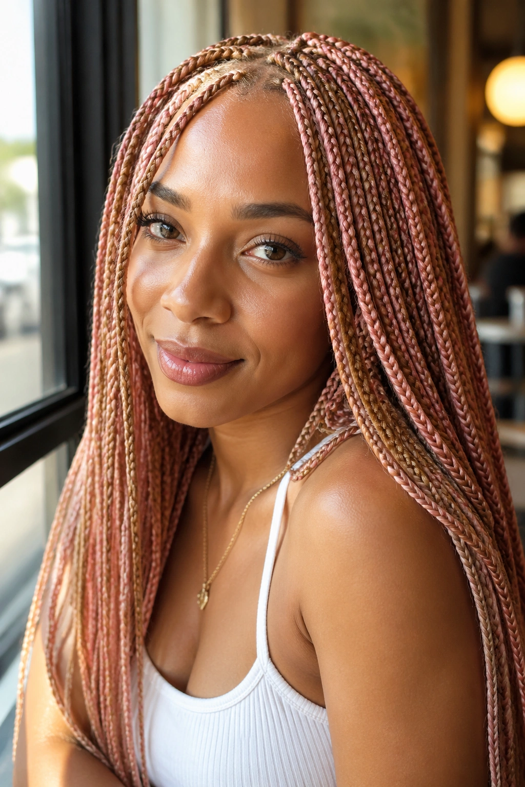 Real woman with rose gold and honey blonde box braids in natural light