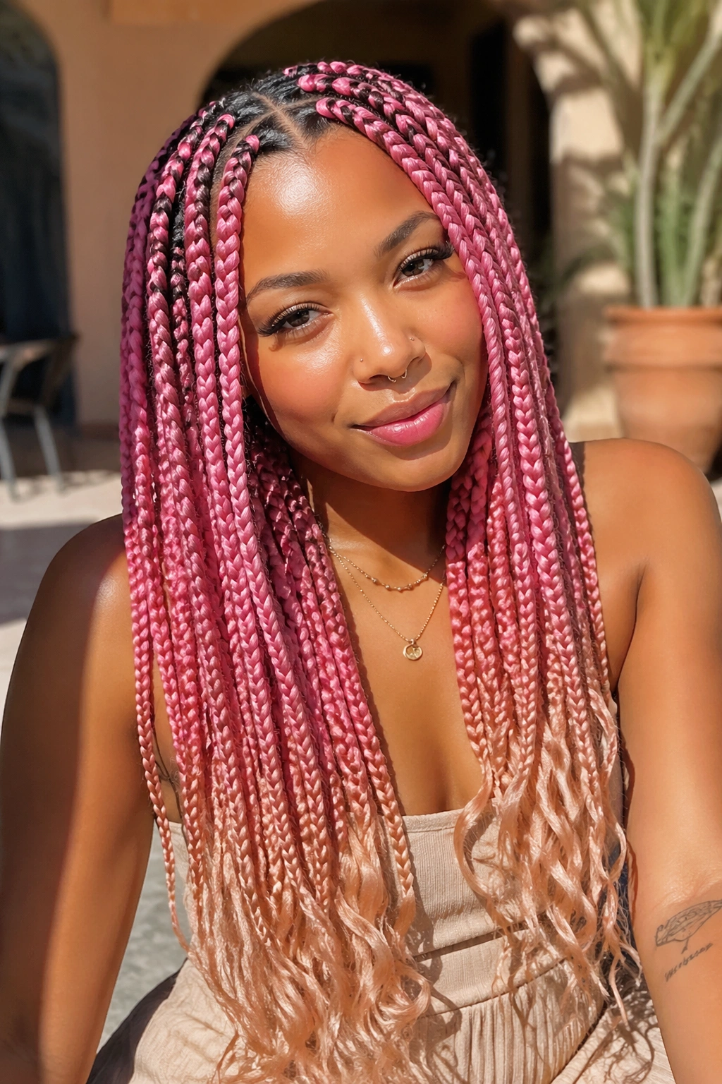 Close-up of a real woman with rose-gold ombre ends on pink box braids in a sunny outdoor setting