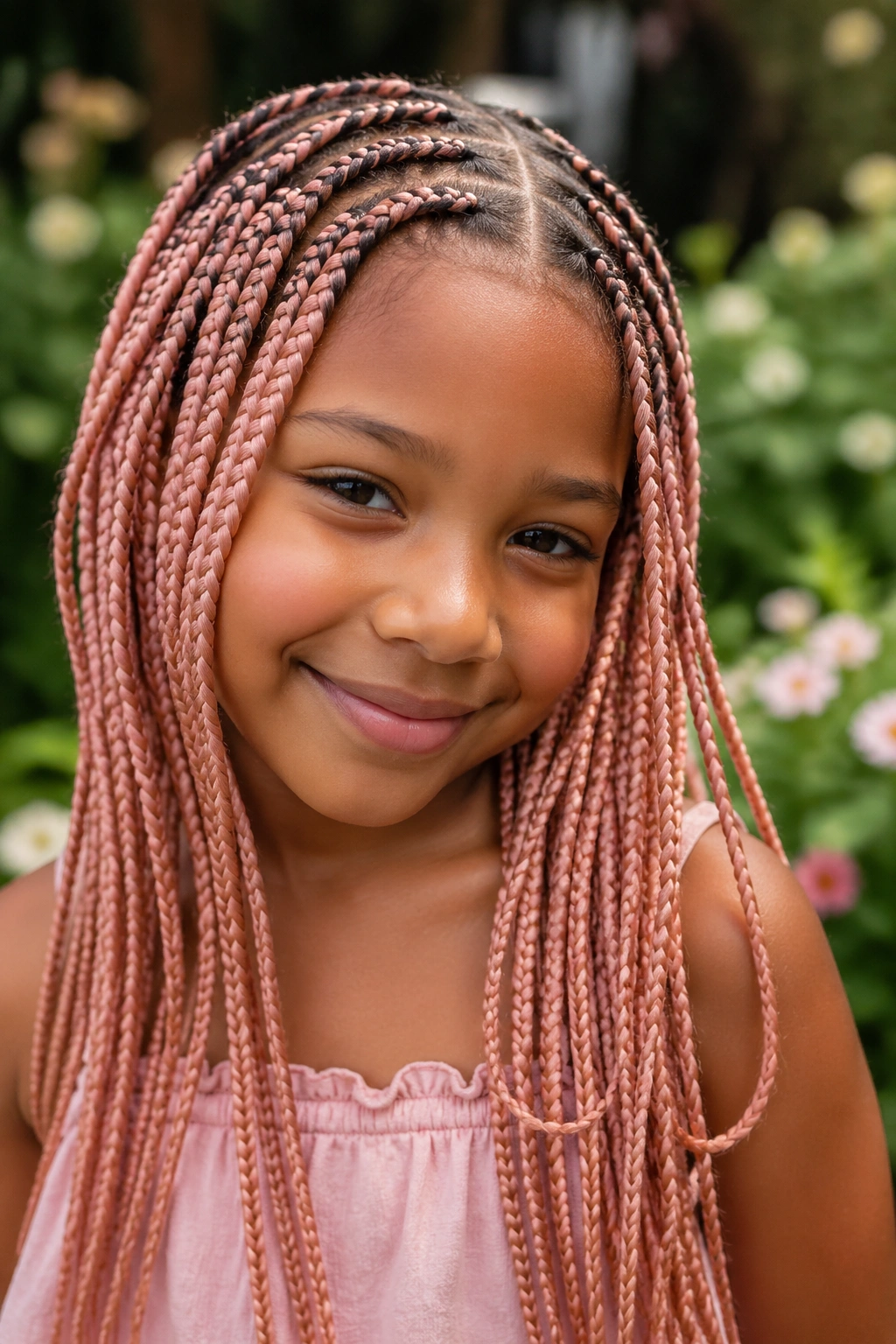 Real child with rose gold pink box braids in a sunny outdoor setting