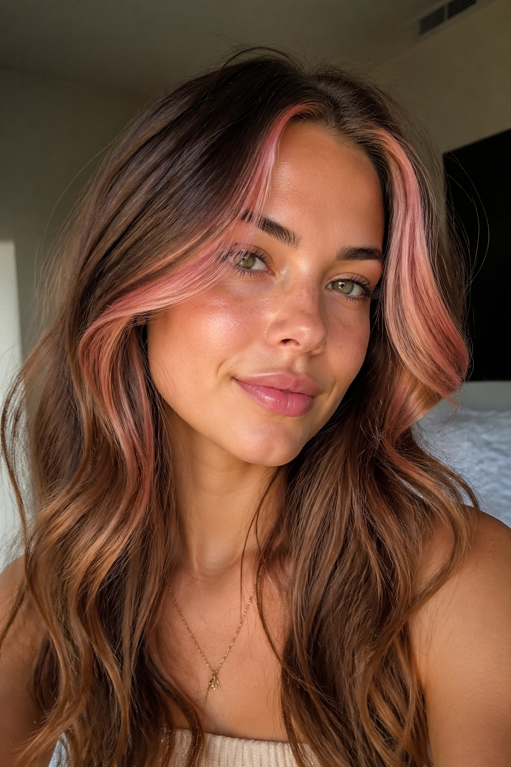 Close-up of a real woman with rose gold pink face-frame highlights around temples and front hairline.