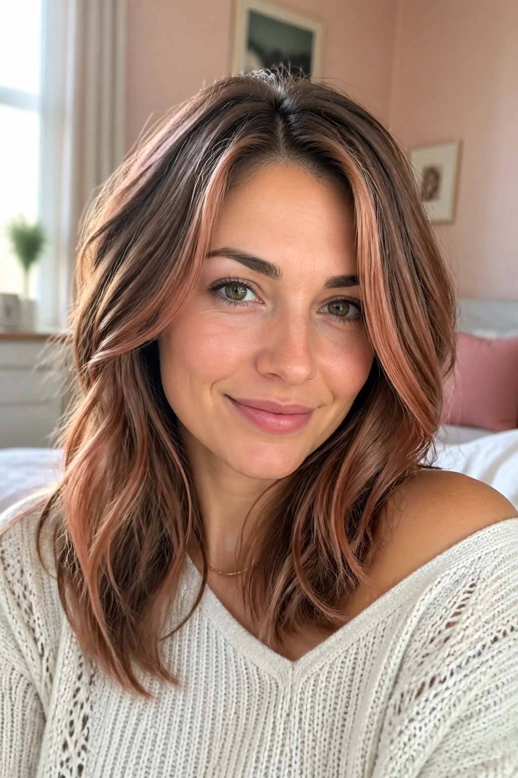 Portrait of a woman with subtle rose gold highlights around the temples and crown.