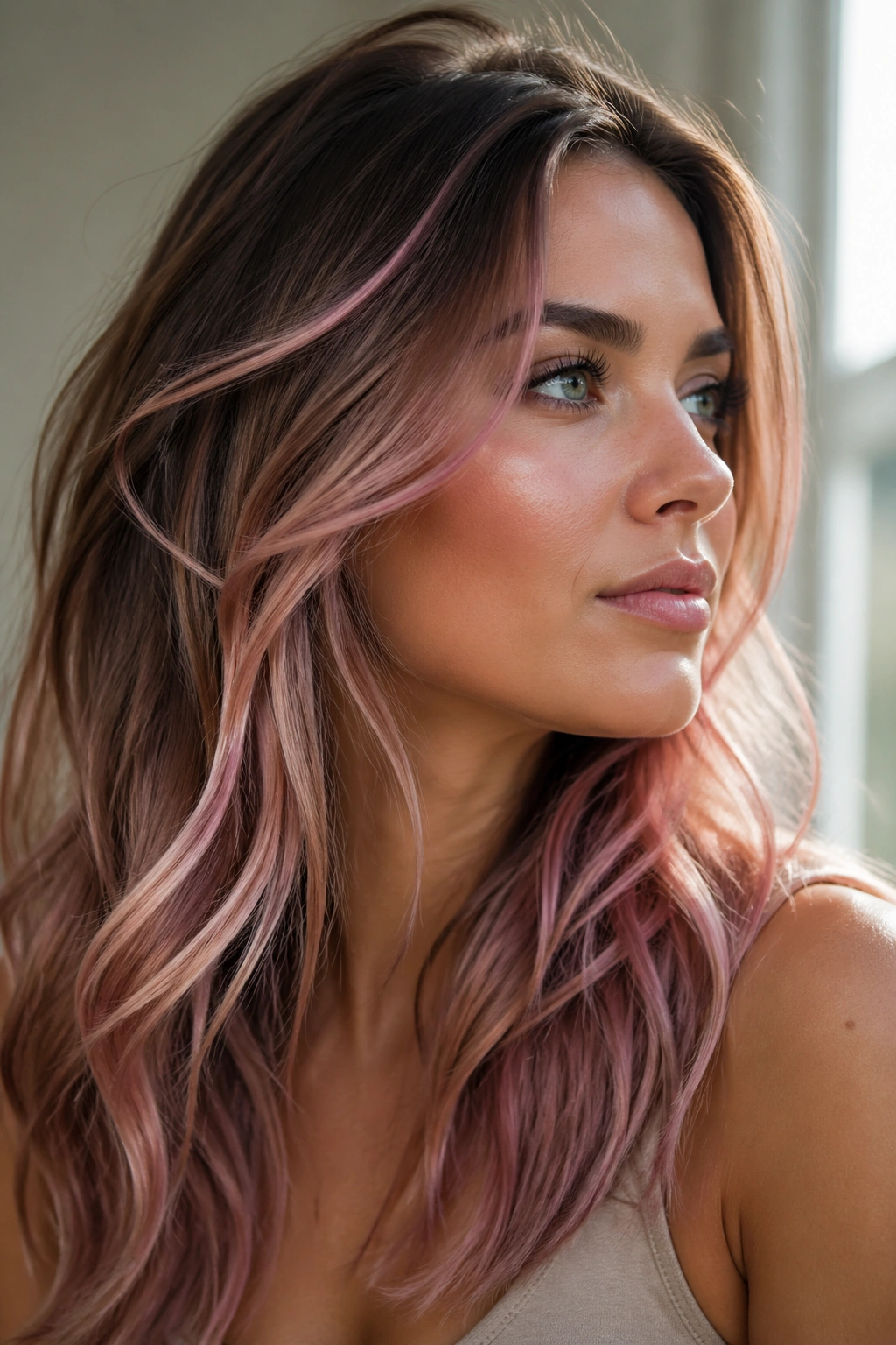 Portrait of a real woman with rose quartz contour highlights on hair near cheekbones