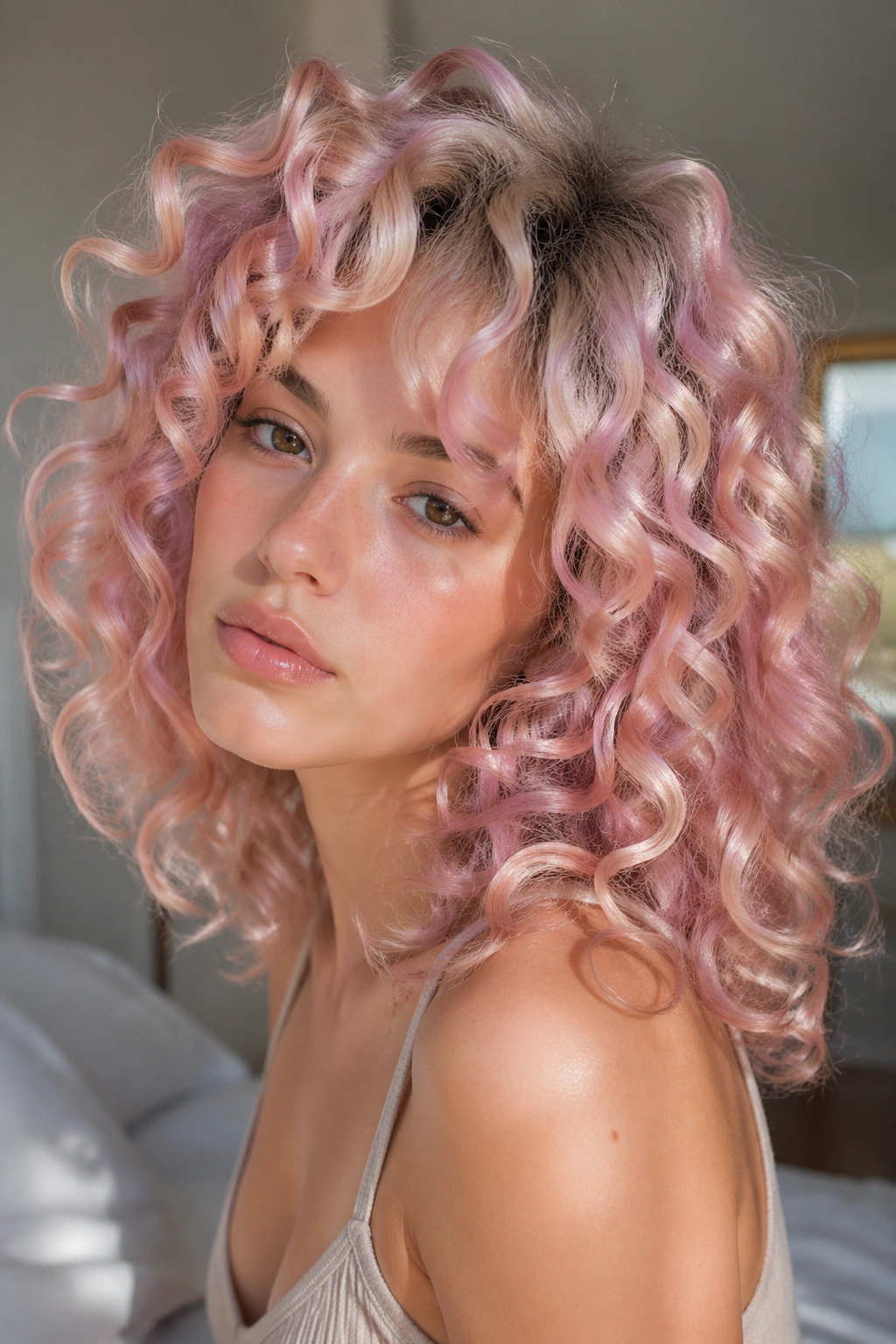 Close-up of rose quartz holographic curls on a real woman in soft bedroom lighting