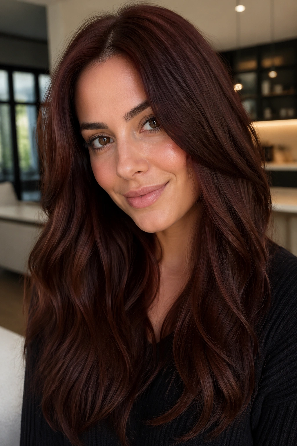 Close-up portrait of a real woman with rosewood brunette hair, rich brown with subtle red undertones.