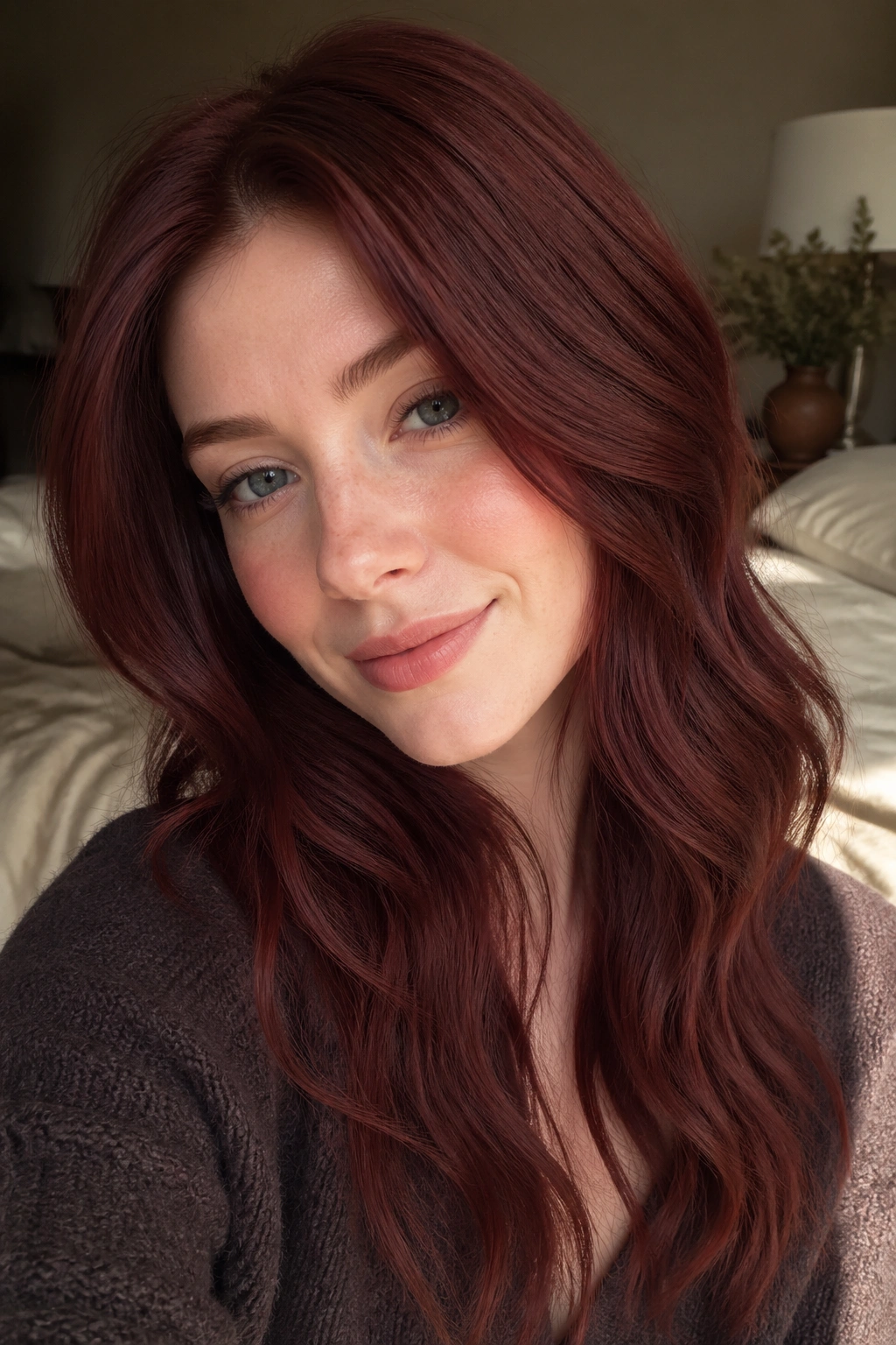 Close-up of a real woman with rosewood red hair in soft morning light.