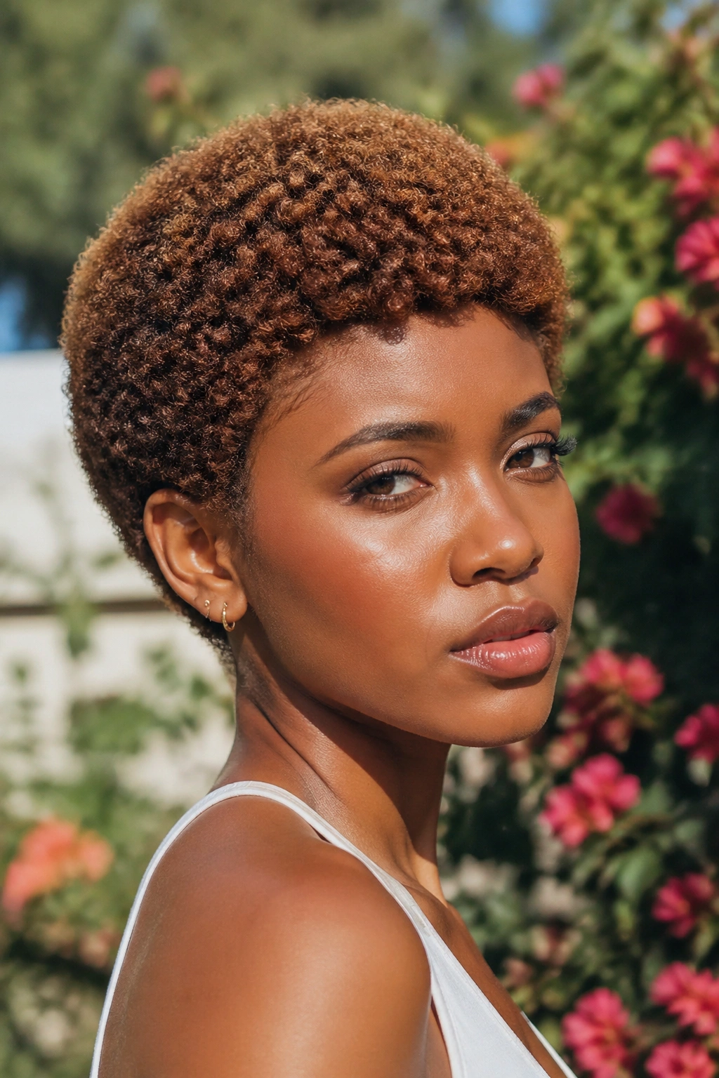 Close-up of Rounded Afro Crop with Cinnamon Glaze on a real person in a sunlit garden