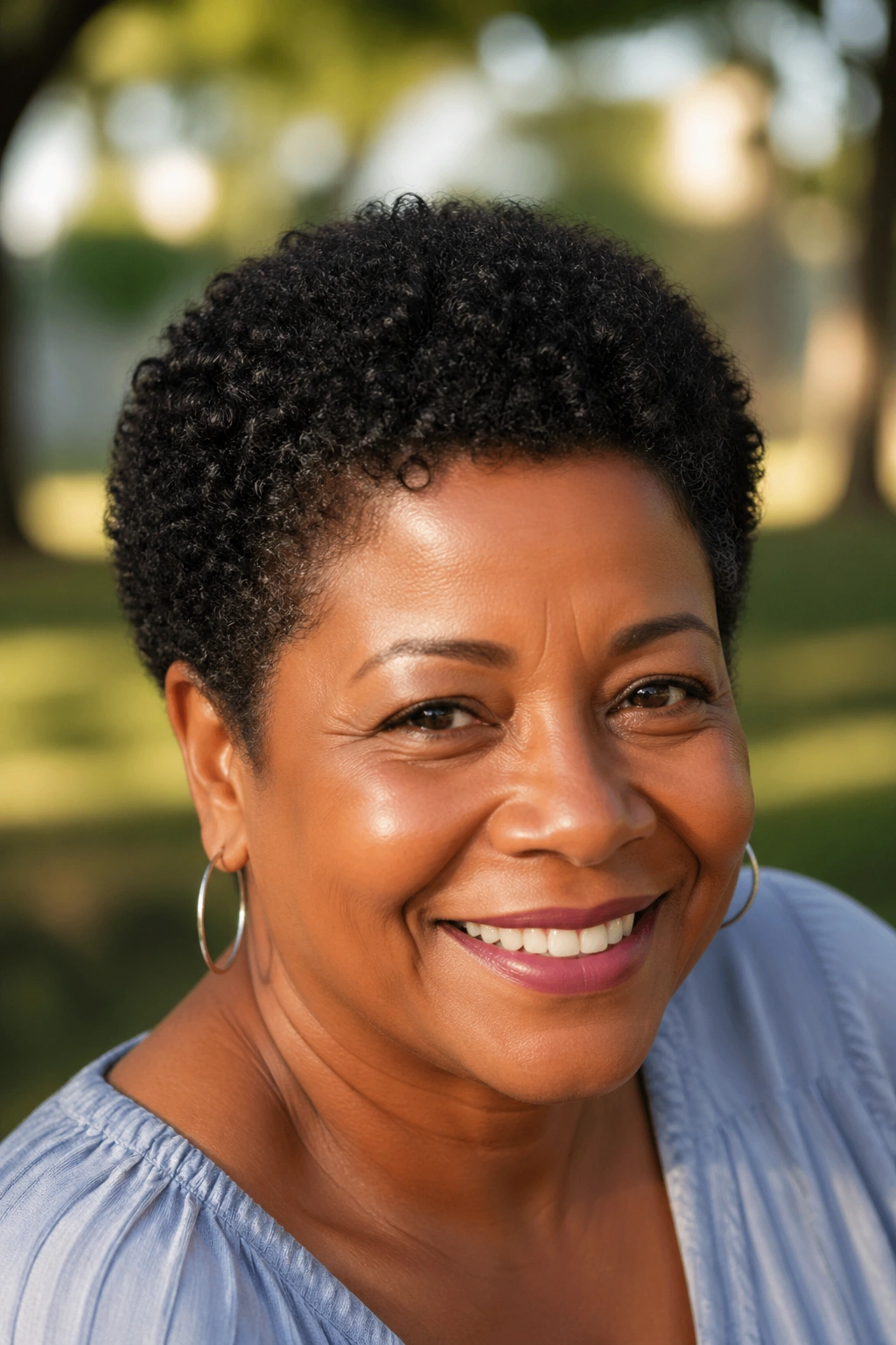 Portrait of a woman with a rounded Afro crop outdoors.