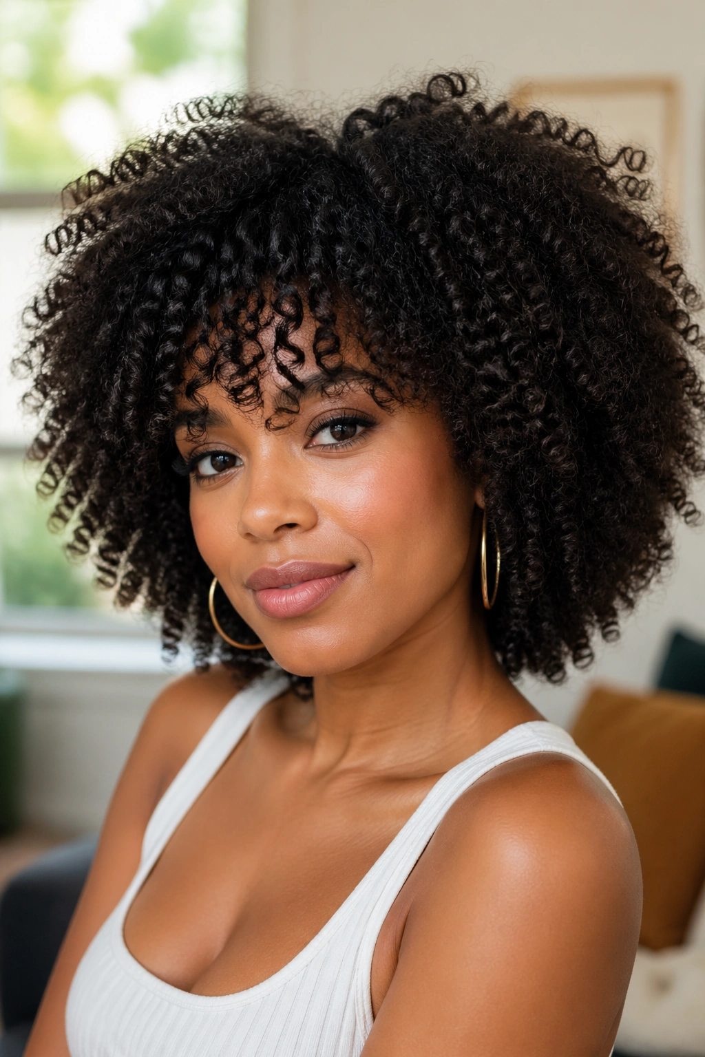 Close-up of a real woman with rounded afro and curly bangs in natural daylight