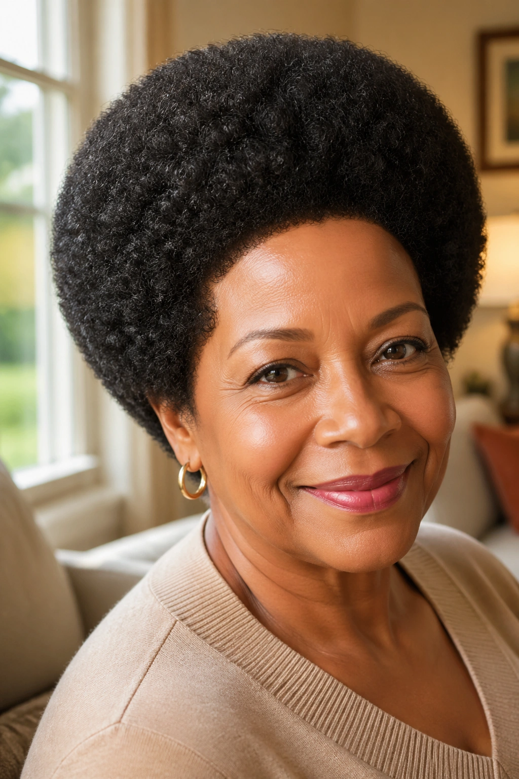Close-up portrait of a real woman with a rounded afro and clean edge in warm natural light