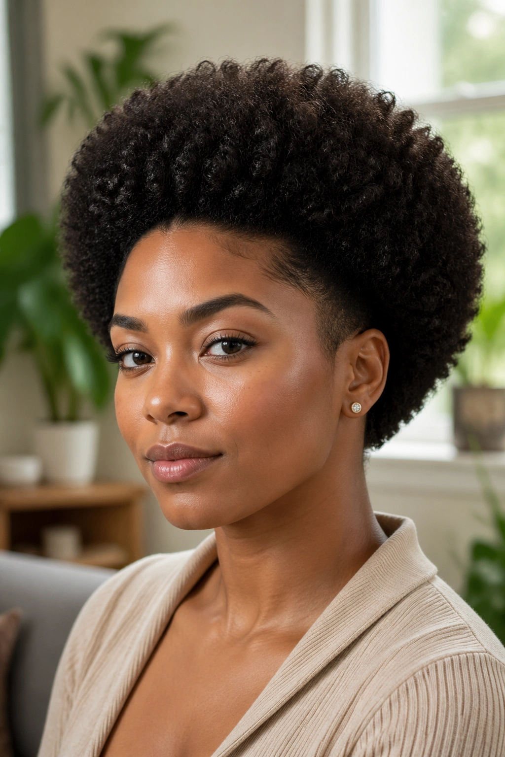Close-up portrait of a person with rounded Afro and tapered edges in a sunlit living room