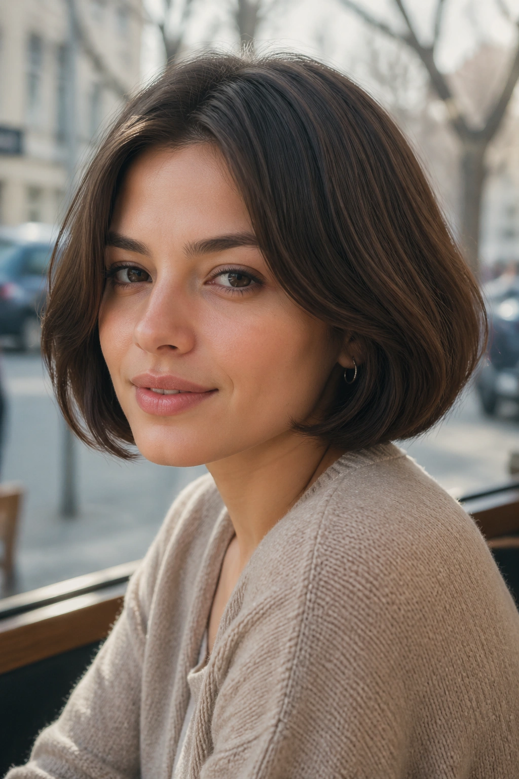 Close-up portrait of a real person with a rounded bob hairstyle