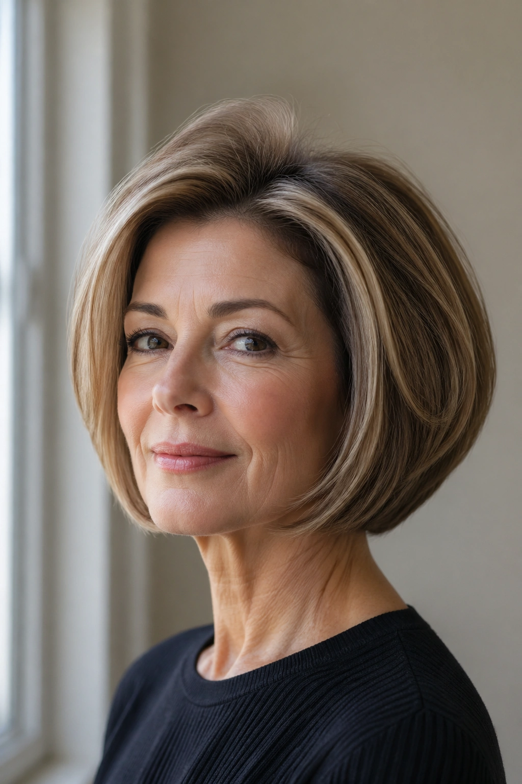 Close-up of a real woman with a rounded bob and crown volume under natural light
